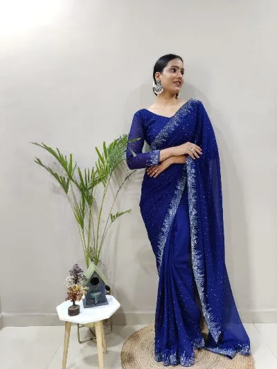 1 Min Blue Georgette Swarovski Work Stitched Readymade Saree