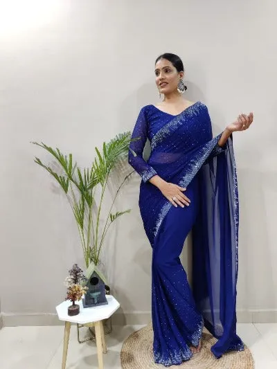 1 Min Blue Georgette Swarovski Work Stitched Readymade Saree