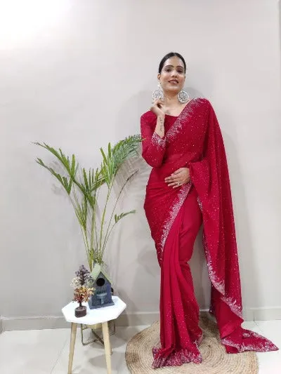 1 Min Red Georgette Swarovski Work Stitched Readymade Saree