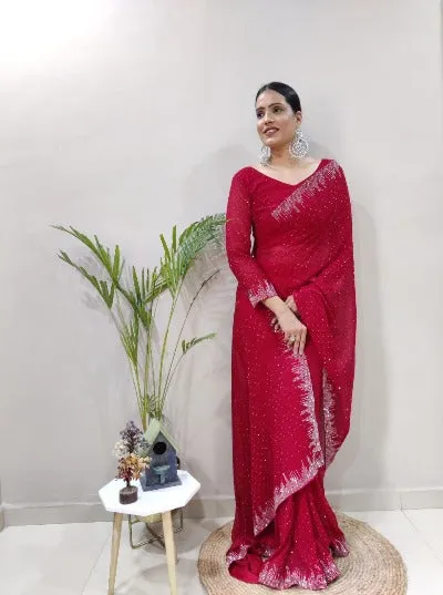 1 Min Red Georgette Swarovski Work Stitched Readymade Saree