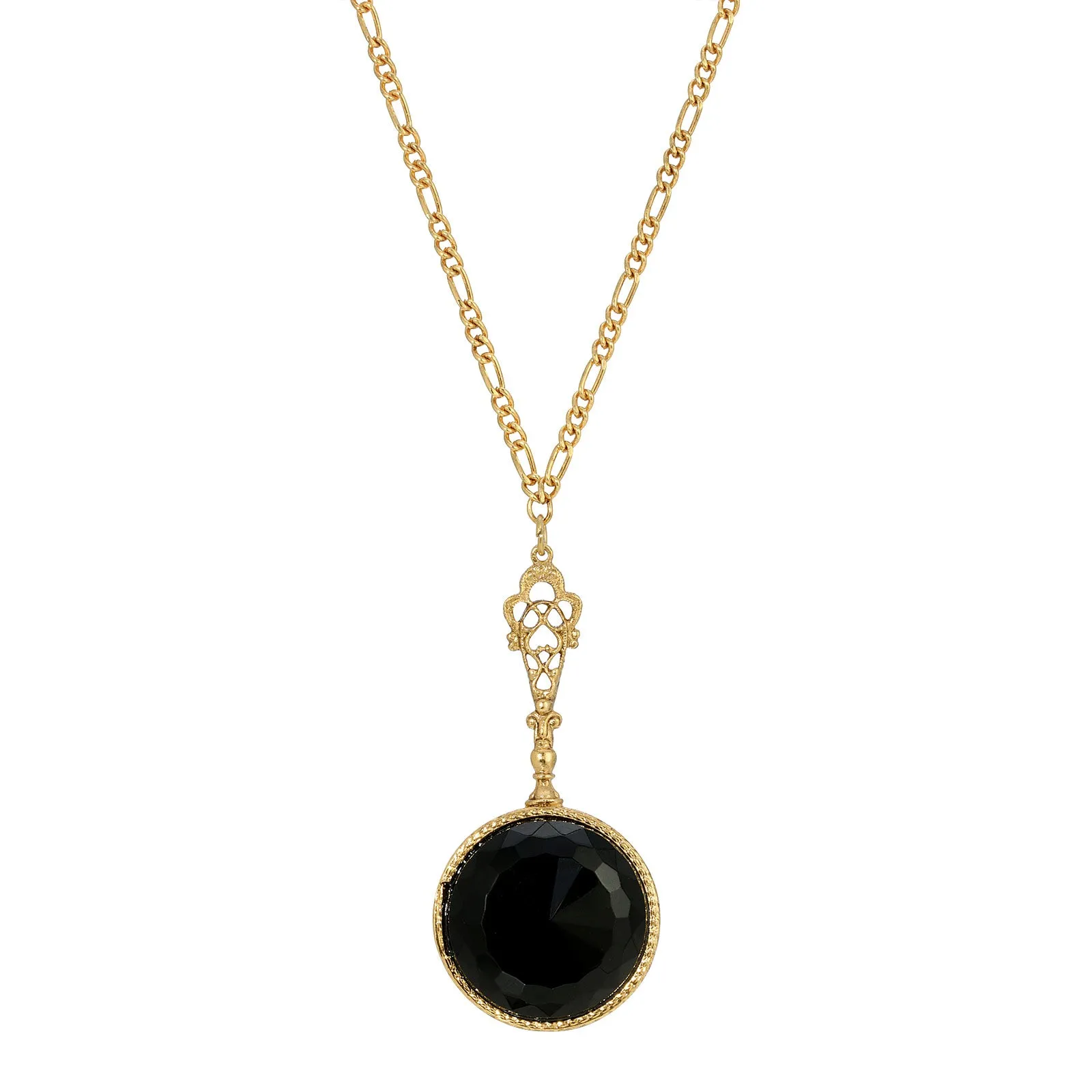 1928 Jewelry Deco Black Faceted Stone Pendant Necklace 28"