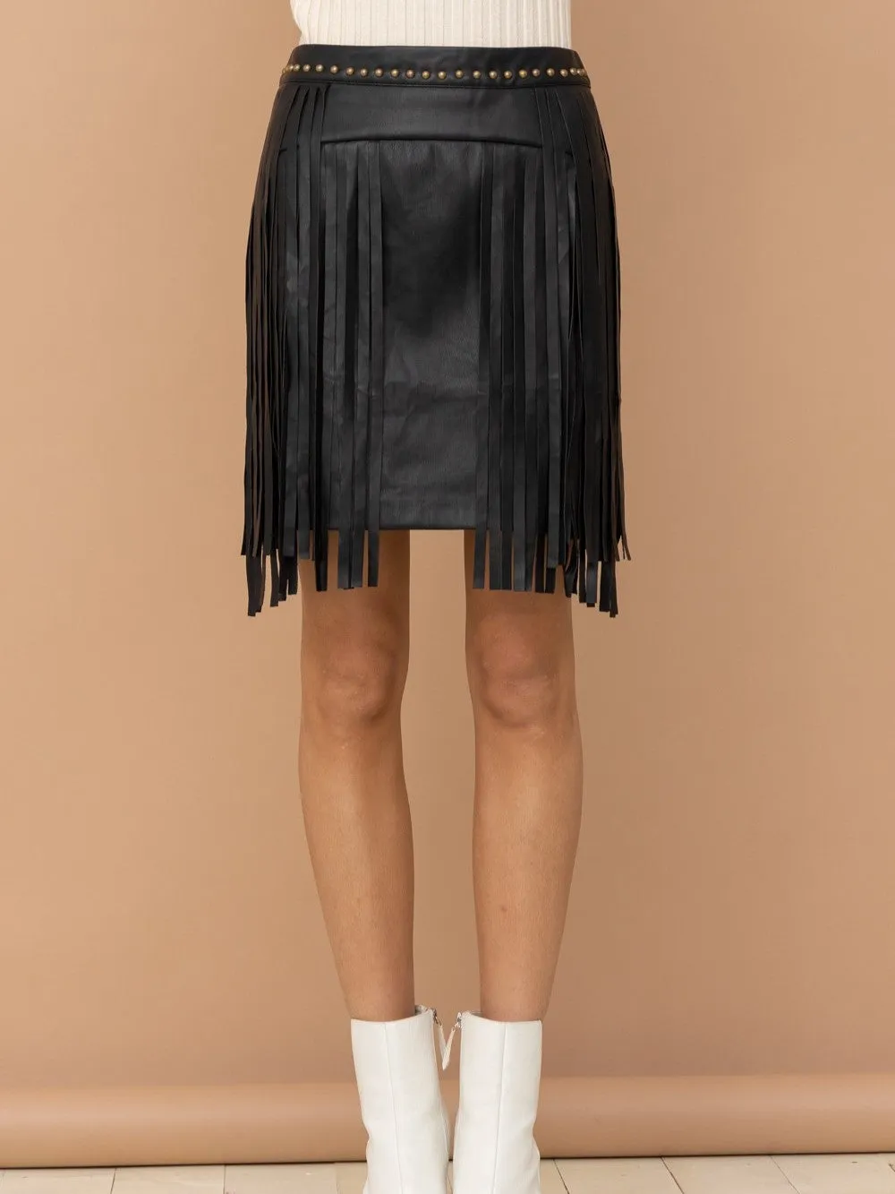 27 Jolene Faux Leather Studded Fringe Mini Skirt