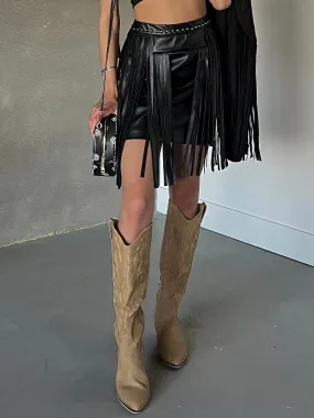 27 Jolene Faux Leather Studded Fringe Mini Skirt