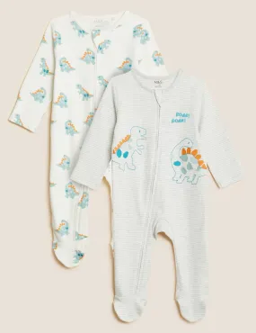 2pk Pure Cotton Dinosaur Sleepsuits