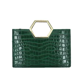 3-in-1 crocodile embossed Metal handle tote - green