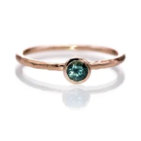 4mm Teal Green/Blue Montana Sapphire Martini Bezel Skinny Hammer Textured 14k rose gold Stacking Solitaire Ring, Ready To Ship