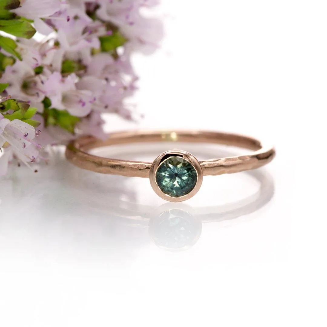 4mm Teal Green/Blue Montana Sapphire Martini Bezel Skinny Hammer Textured 14k rose gold Stacking Solitaire Ring, Ready To Ship