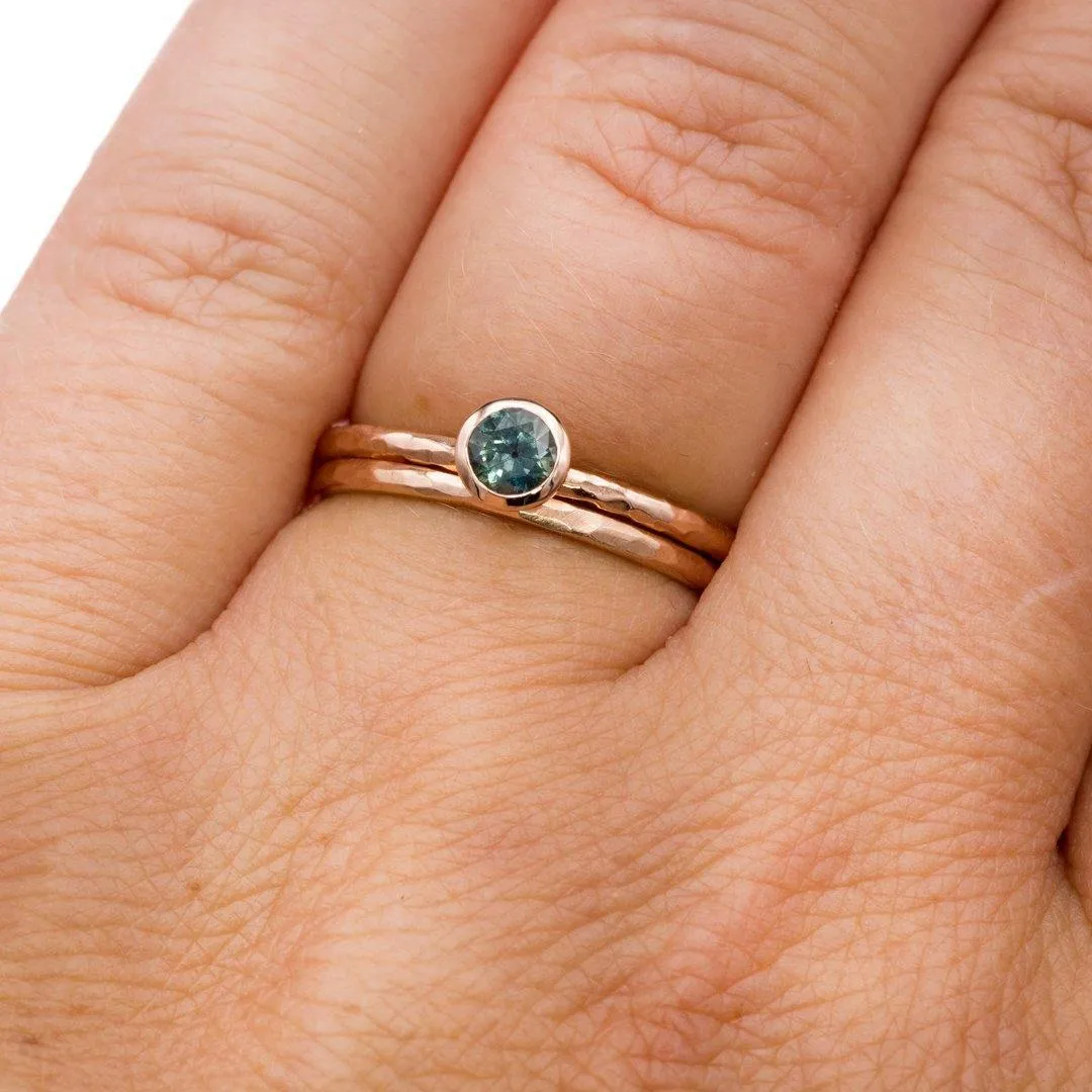 4mm Teal Green/Blue Montana Sapphire Martini Bezel Skinny Hammer Textured 14k rose gold Stacking Solitaire Ring, Ready To Ship