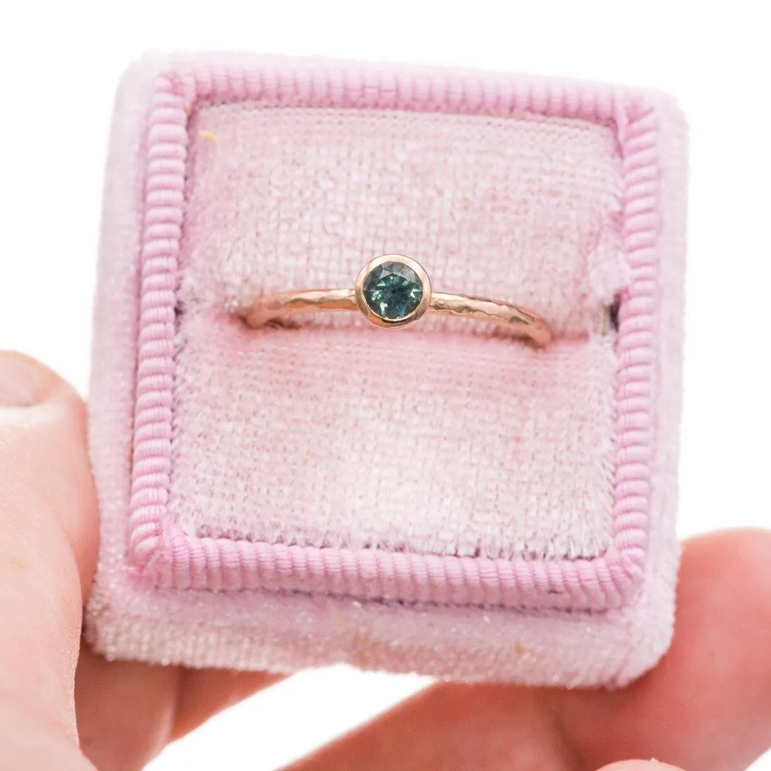 4mm Teal Green/Blue Montana Sapphire Martini Bezel Skinny Hammer Textured 14k rose gold Stacking Solitaire Ring, Ready To Ship