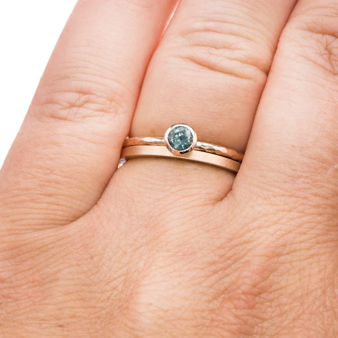 4mm Teal Green/Blue Montana Sapphire Martini Bezel Skinny Hammer Textured 14k rose gold Stacking Solitaire Ring, Ready To Ship