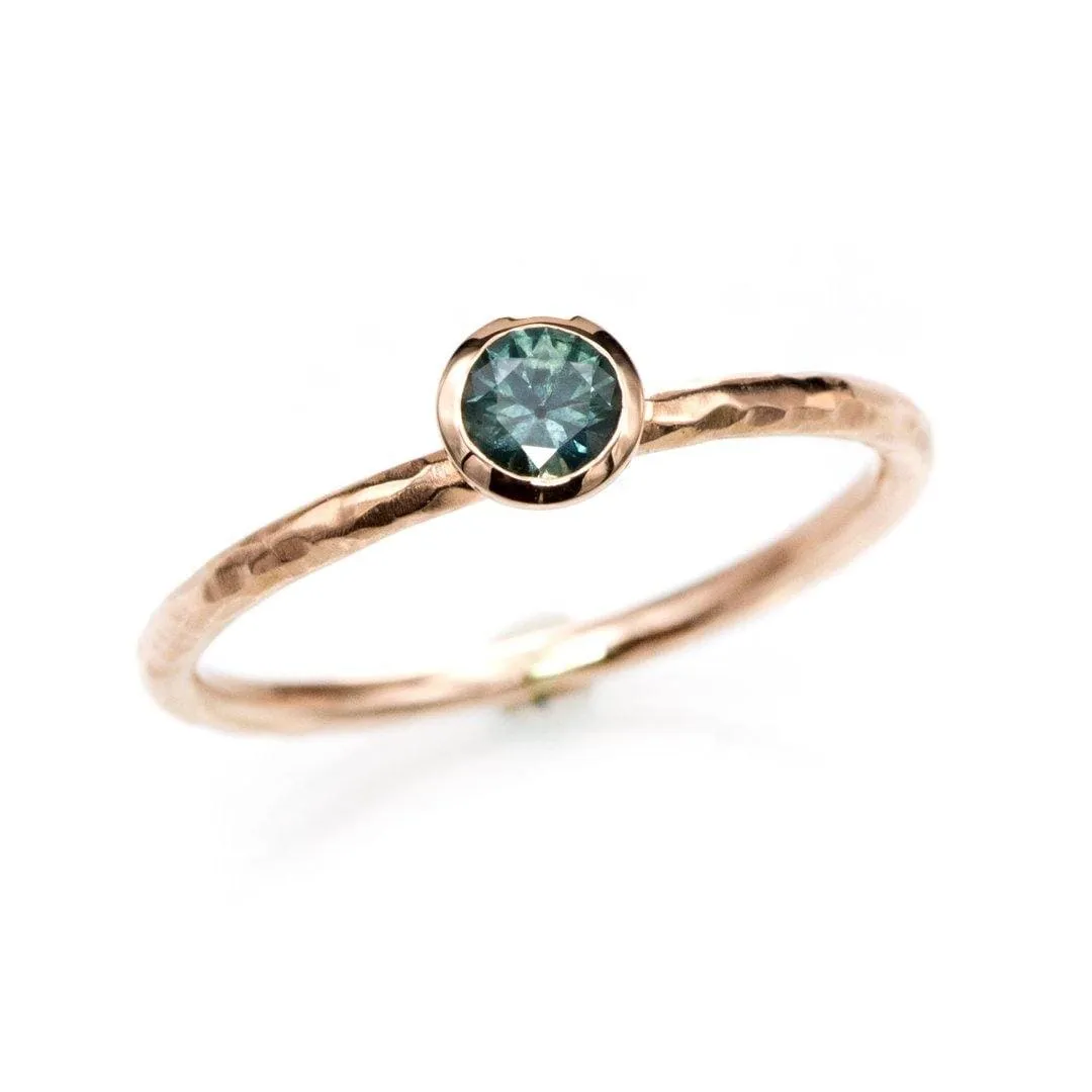 4mm Teal Green/Blue Montana Sapphire Martini Bezel Skinny Hammer Textured 14k rose gold Stacking Solitaire Ring, Ready To Ship