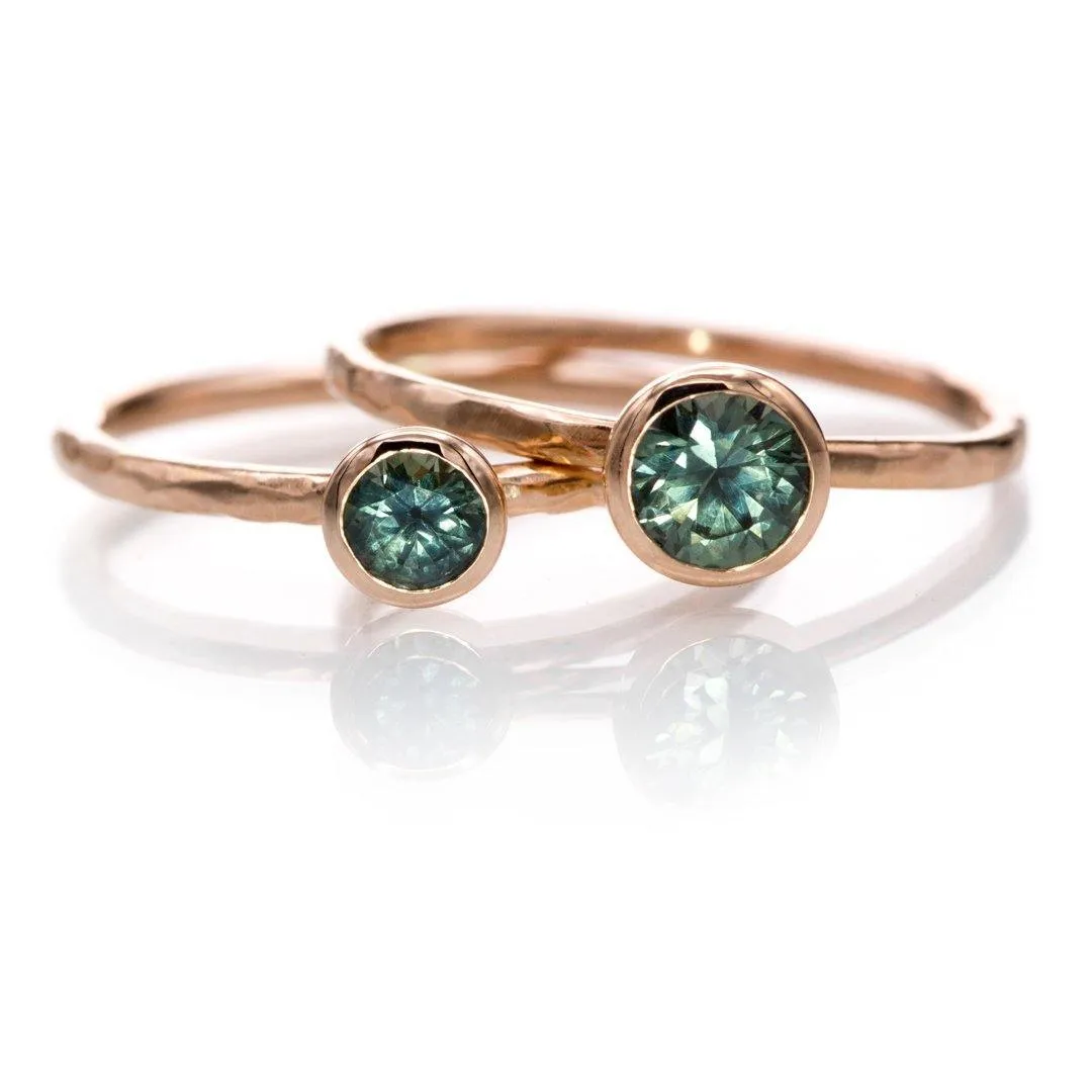 4mm Teal Green/Blue Montana Sapphire Martini Bezel Skinny Hammer Textured 14k rose gold Stacking Solitaire Ring, Ready To Ship