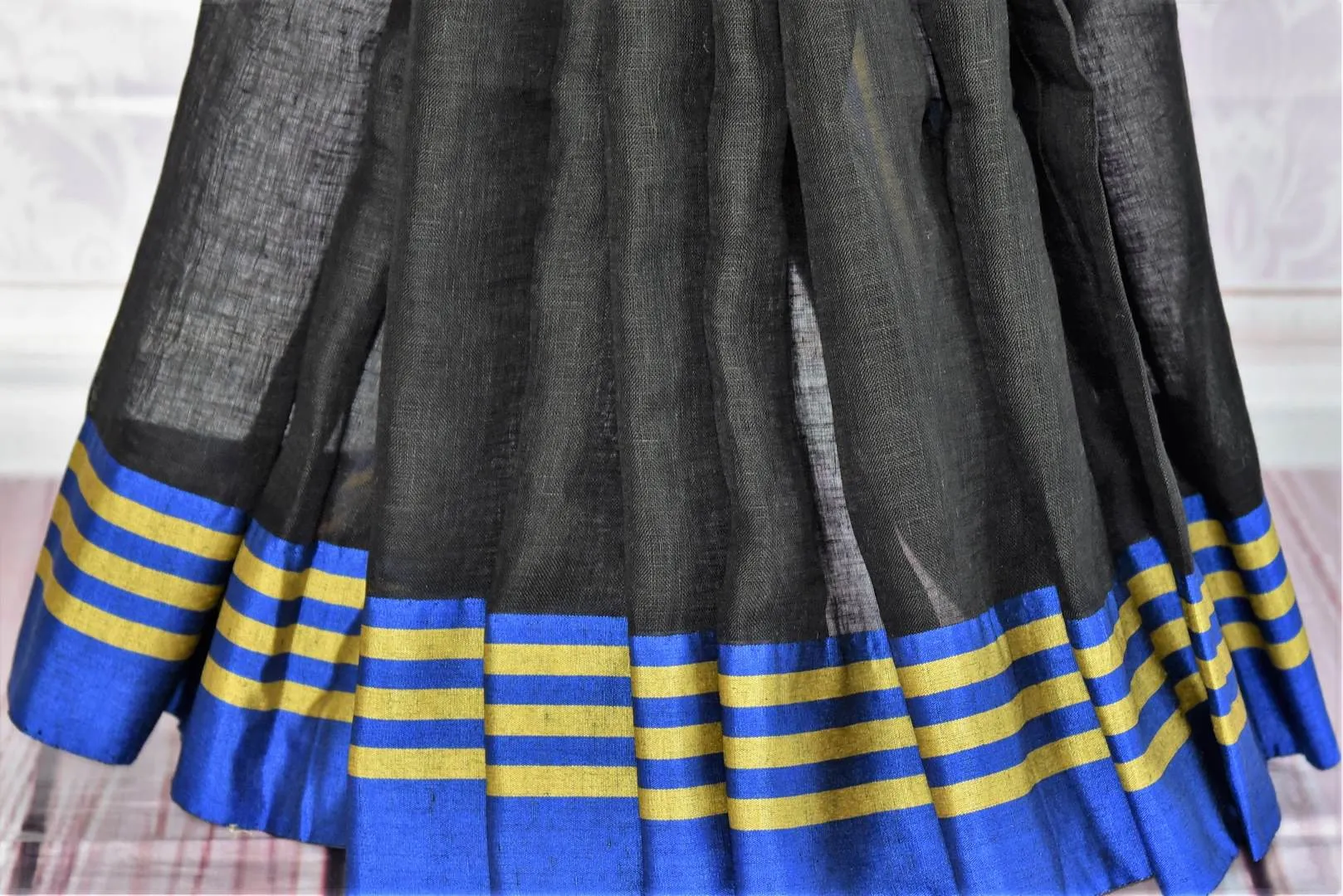 90G560 Black and Grey Linen Sari with Banarasi Blouse