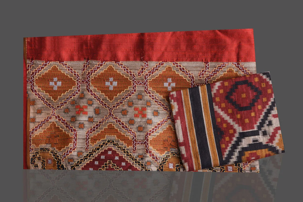 90K182 Brick Red Kantha Work Raw Silk Saree