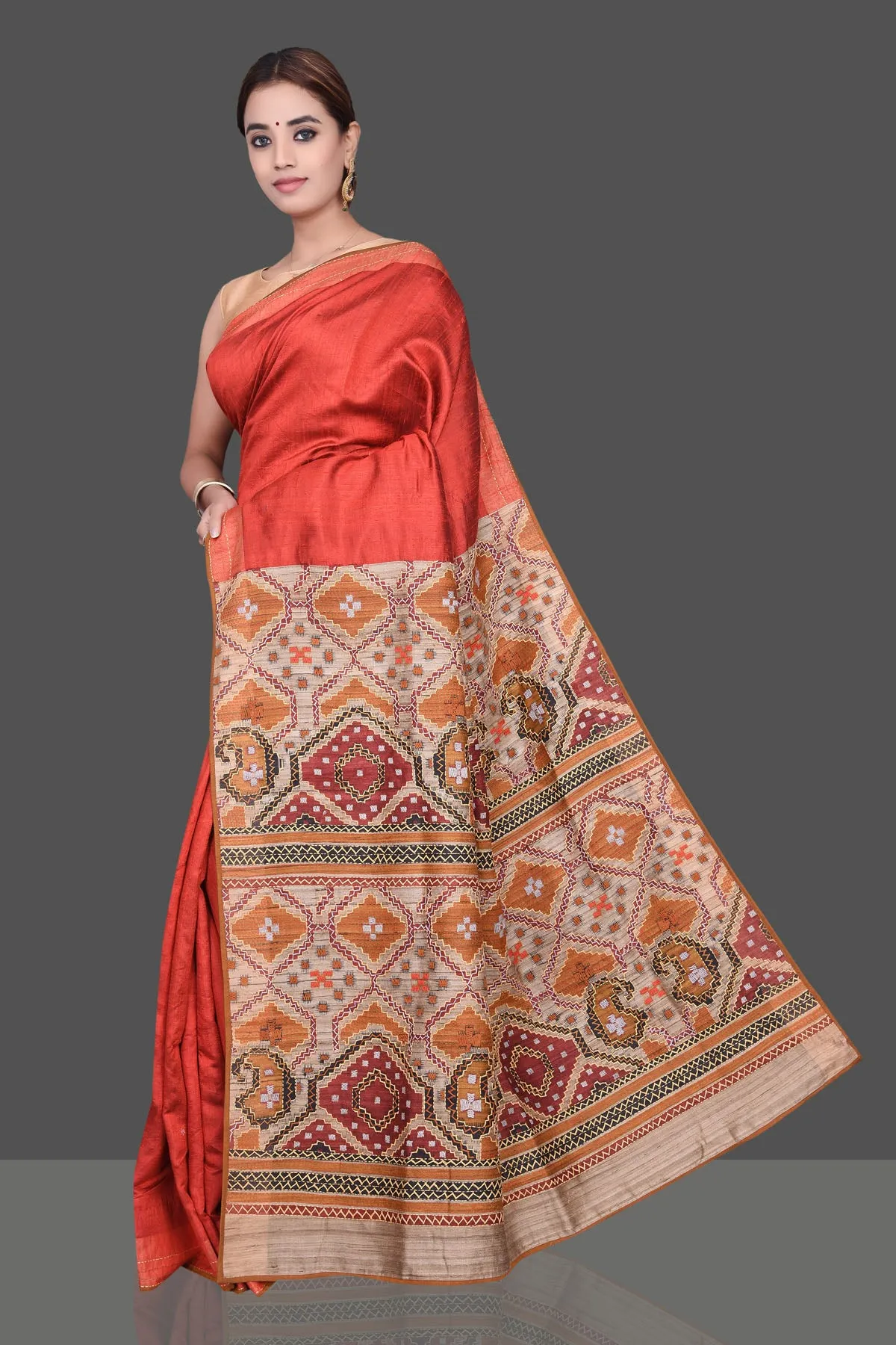 90K182 Brick Red Kantha Work Raw Silk Saree