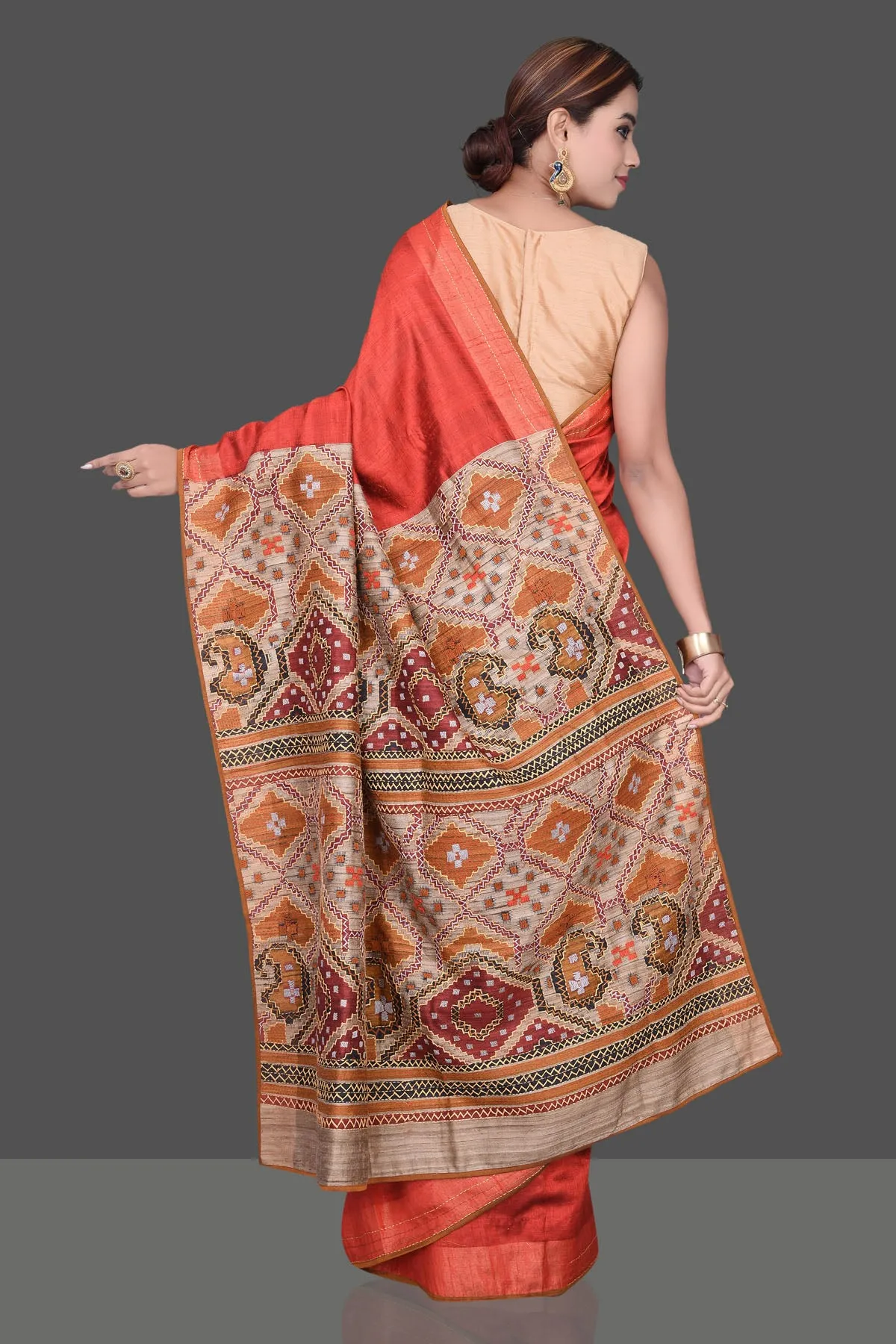 90K182 Brick Red Kantha Work Raw Silk Saree