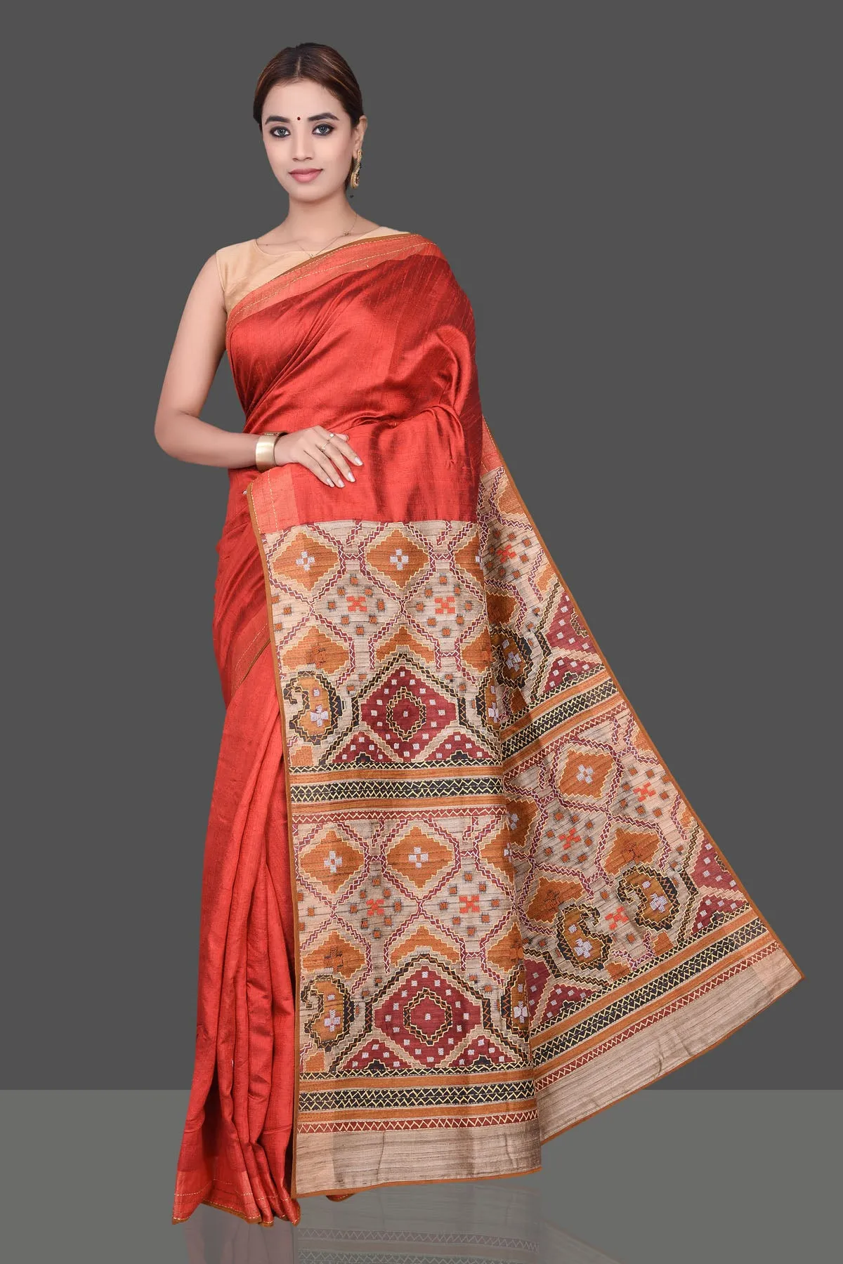 90K182 Brick Red Kantha Work Raw Silk Saree