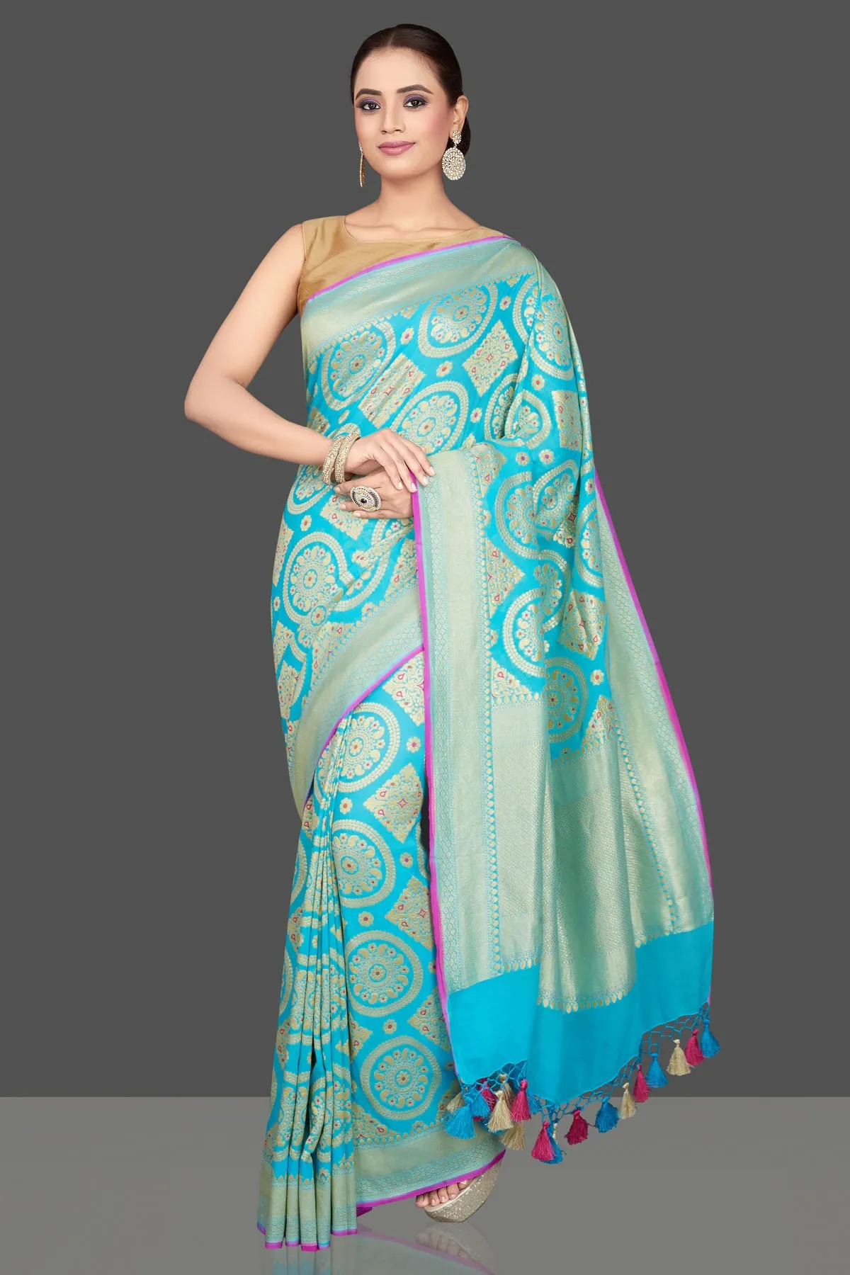 90K574-RO Turquoise Blue Katan Silk Sari with Overall Zari Work