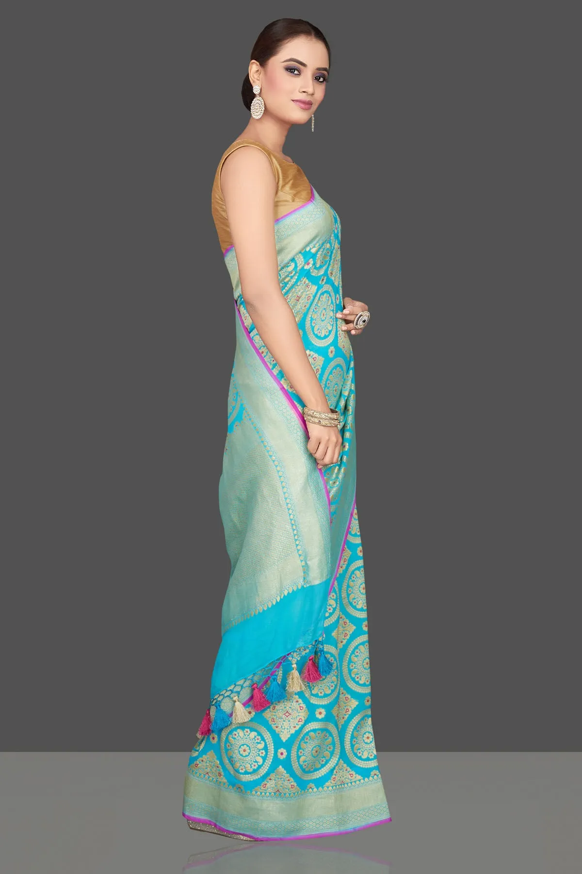 90K574-RO Turquoise Blue Katan Silk Sari with Overall Zari Work