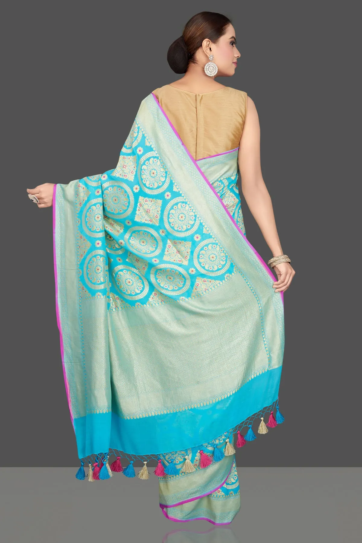 90K574-RO Turquoise Blue Katan Silk Sari with Overall Zari Work