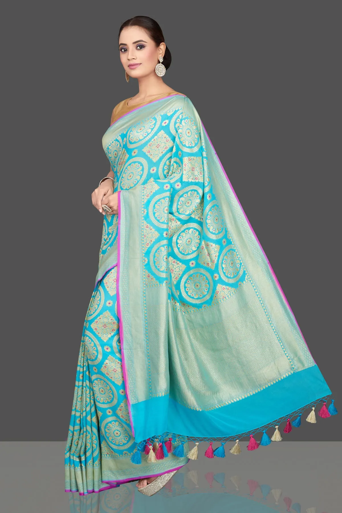 90K574-RO Turquoise Blue Katan Silk Sari with Overall Zari Work