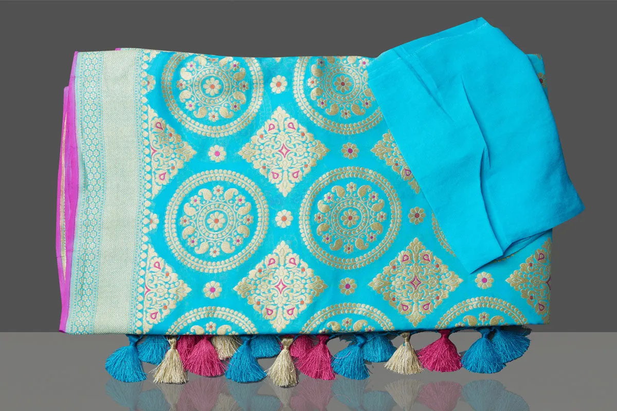 90K574-RO Turquoise Blue Katan Silk Sari with Overall Zari Work