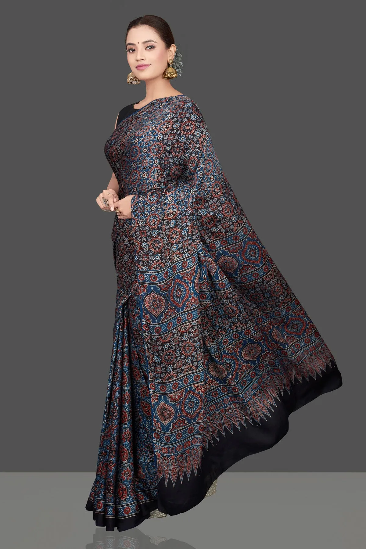 90K679-RO Blue Modal Silk Sari with Ajrakh Print