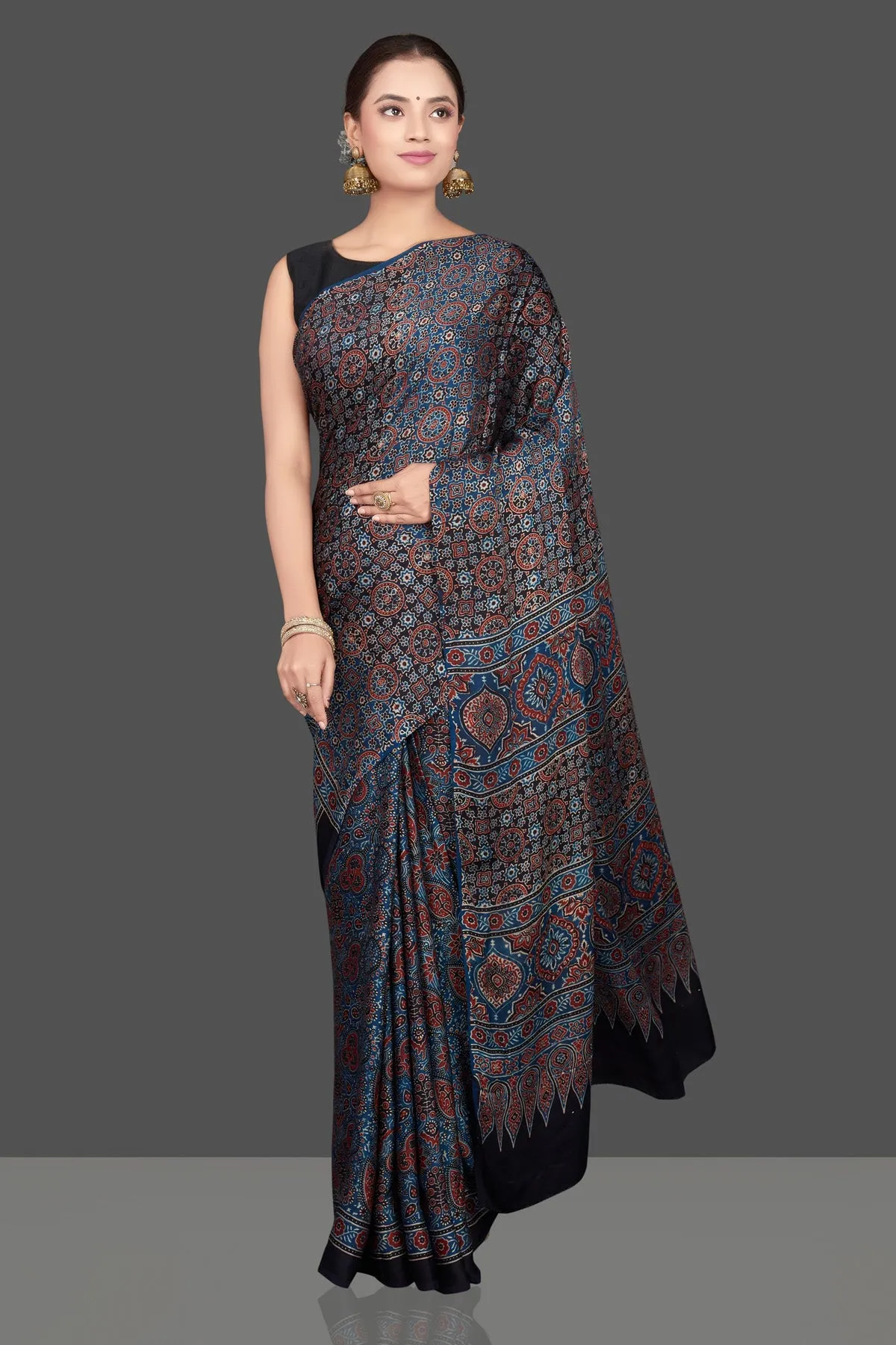 90K679-RO Blue Modal Silk Sari with Ajrakh Print