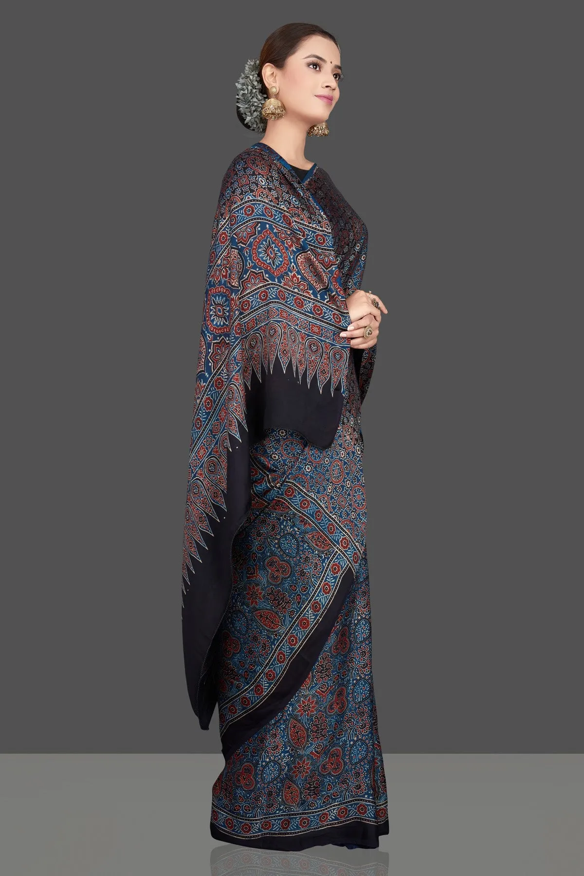 90K679-RO Blue Modal Silk Sari with Ajrakh Print