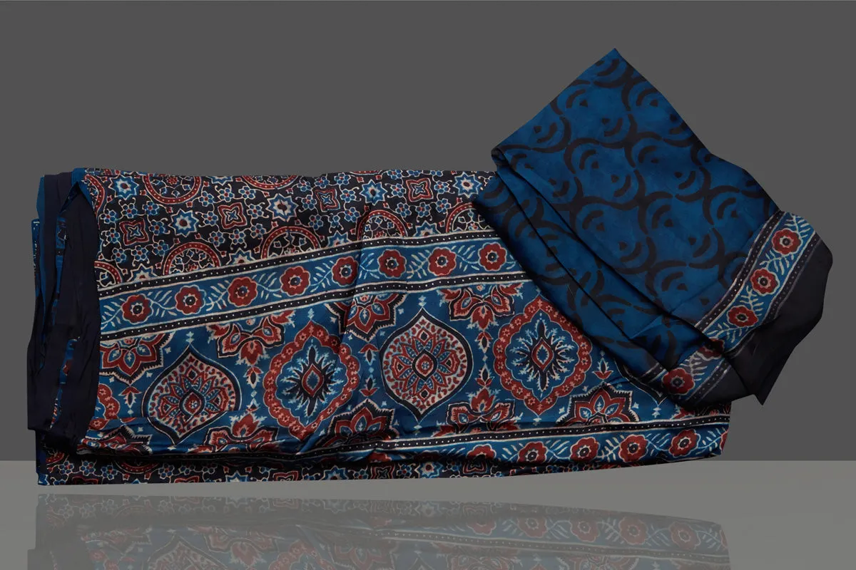 90K679-RO Blue Modal Silk Sari with Ajrakh Print