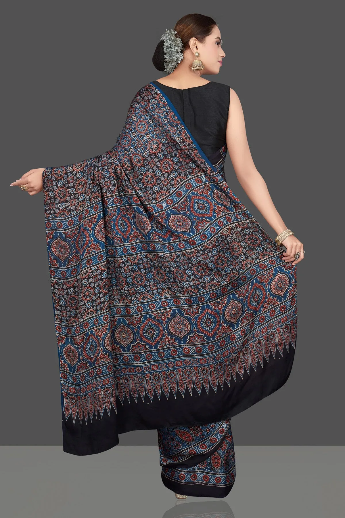 90K679-RO Blue Modal Silk Sari with Ajrakh Print