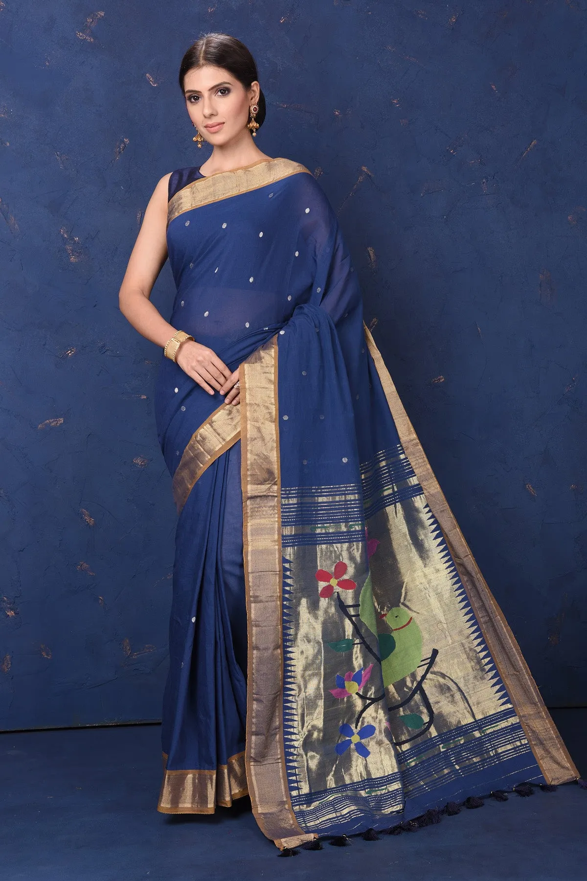 90L867 Blue Paithani Cotton Sari with Parrot Motif Pallu