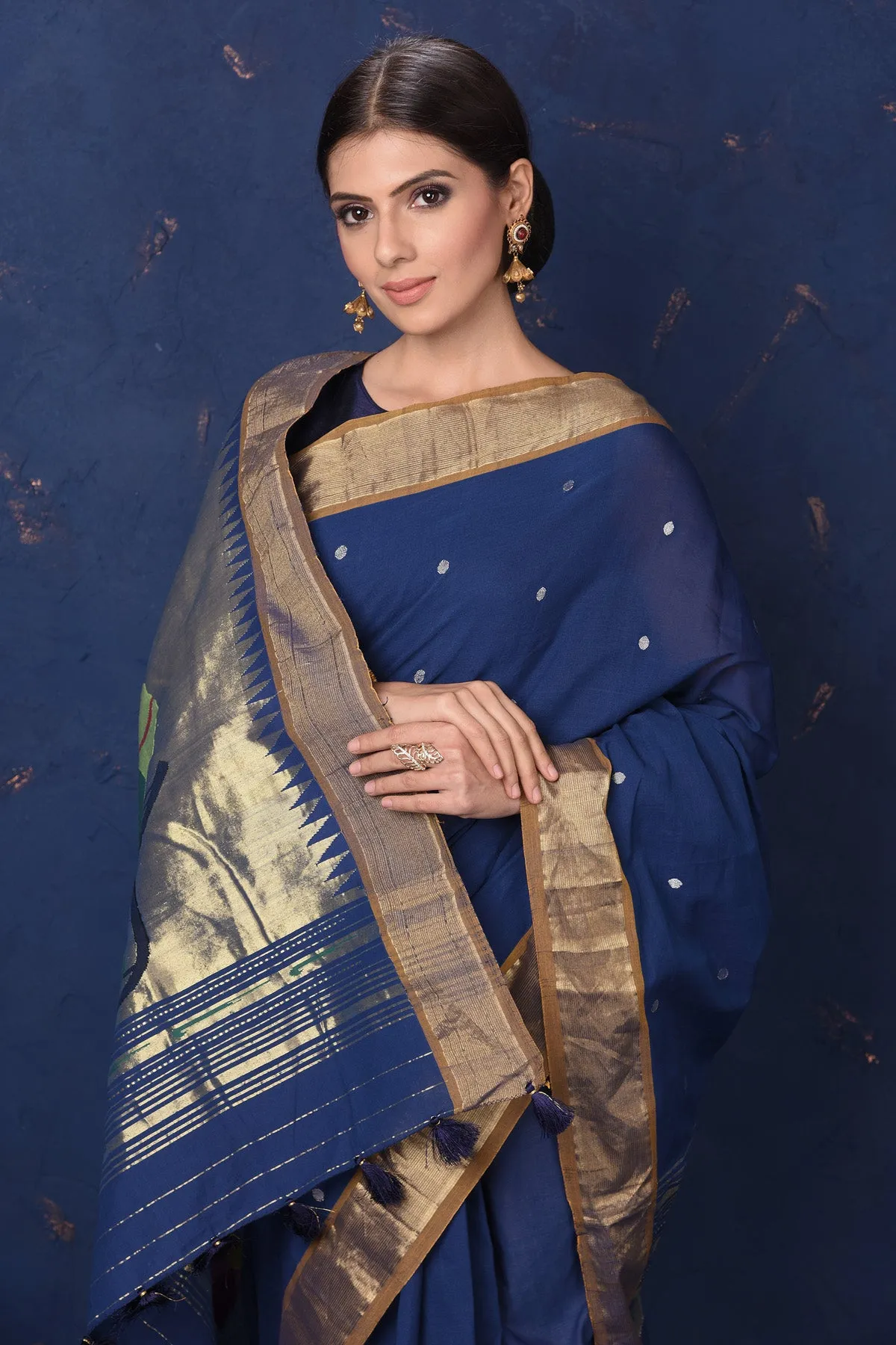 90L867 Blue Paithani Cotton Sari with Parrot Motif Pallu