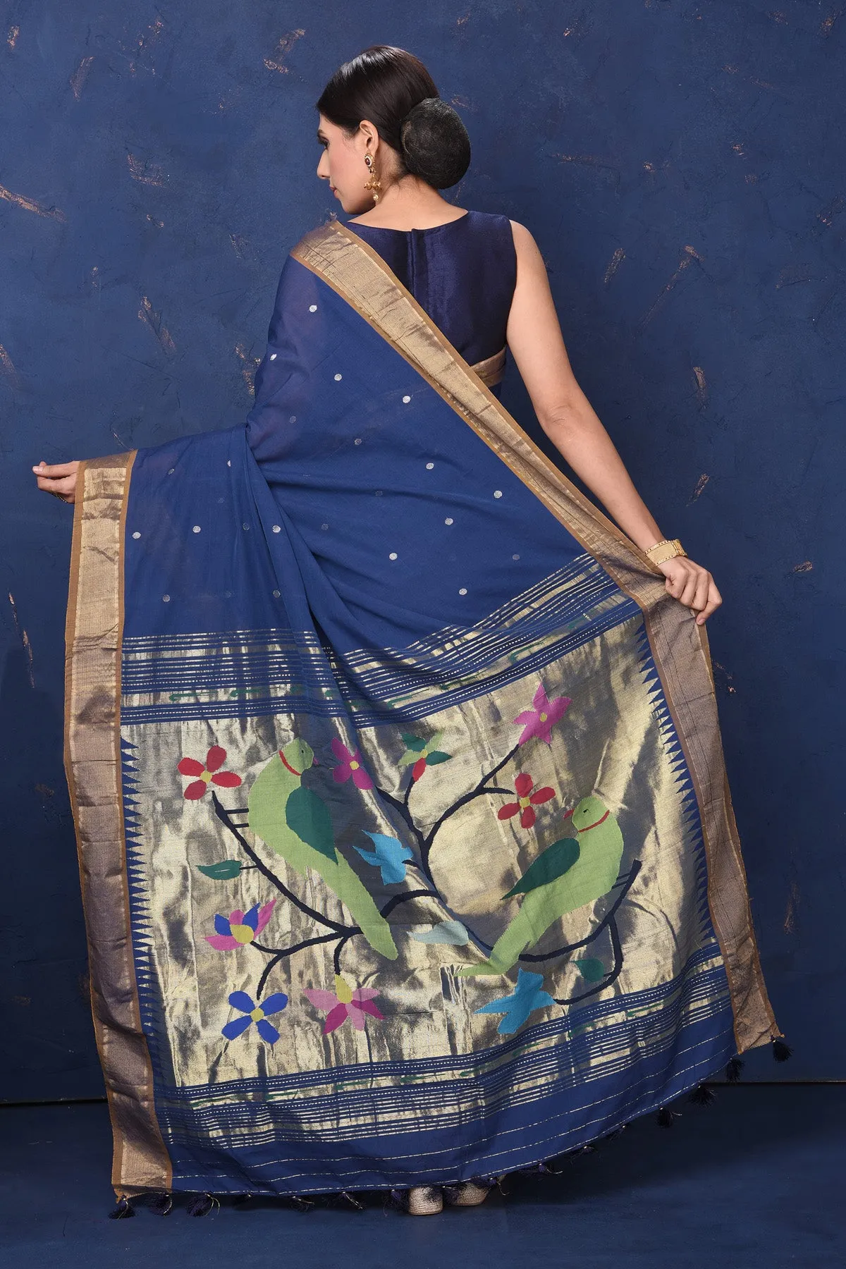 90L867 Blue Paithani Cotton Sari with Parrot Motif Pallu