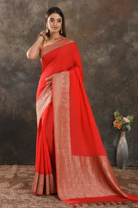 90N370-RO Red Crepe Saree with Zari Border