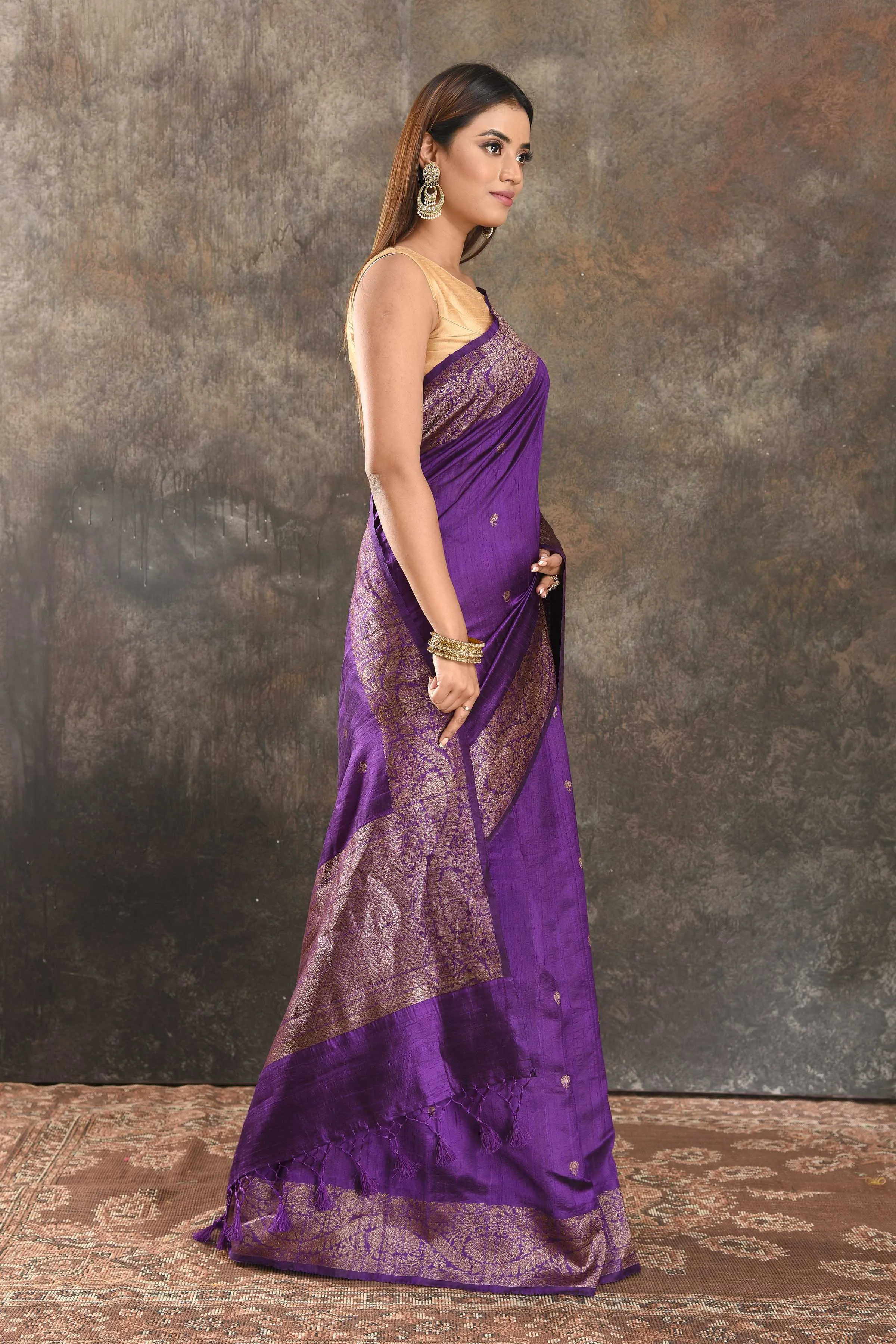 90N407-RO Purple Tussar Banarasi Saree with Antique Zari Border