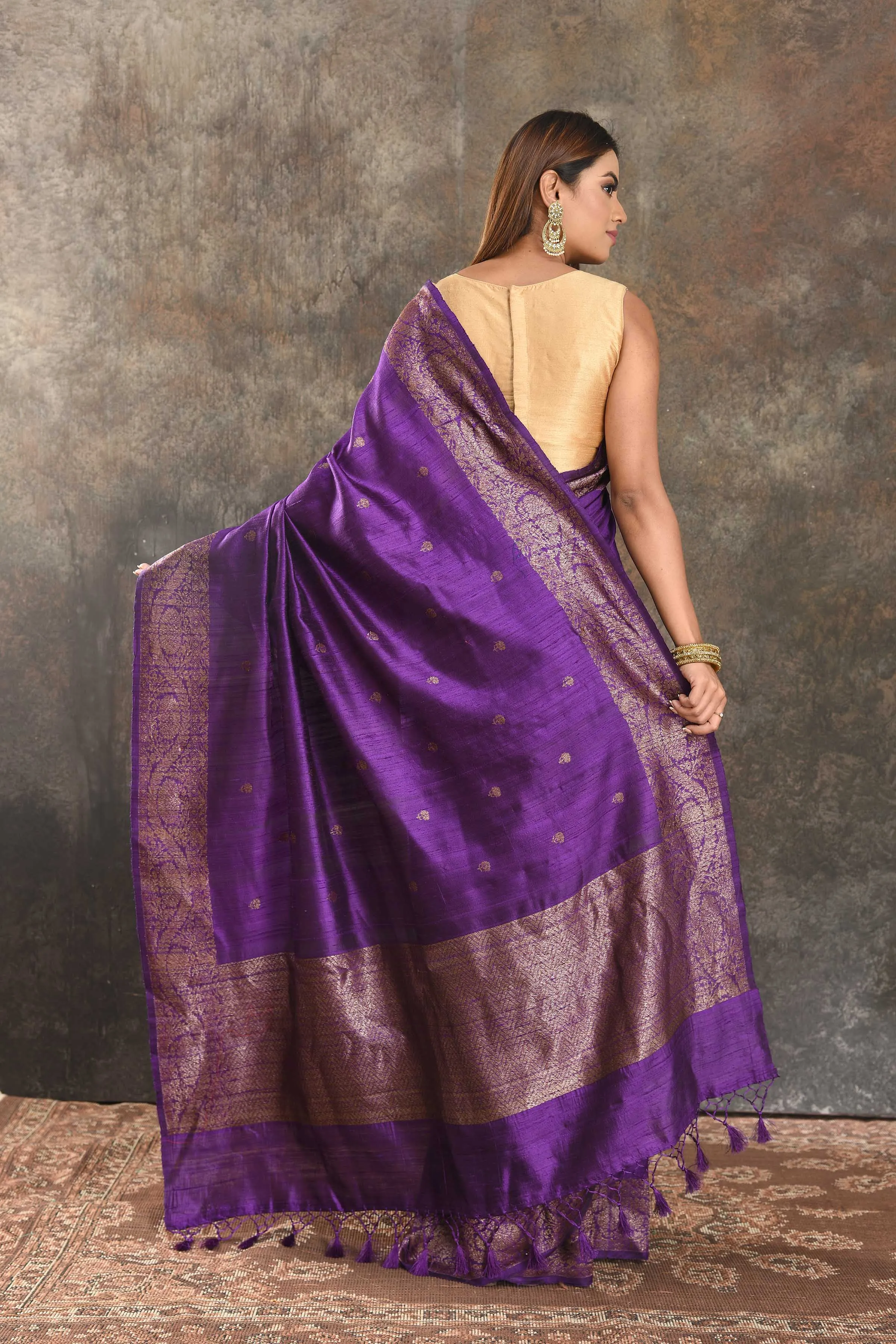 90N407-RO Purple Tussar Banarasi Saree with Antique Zari Border