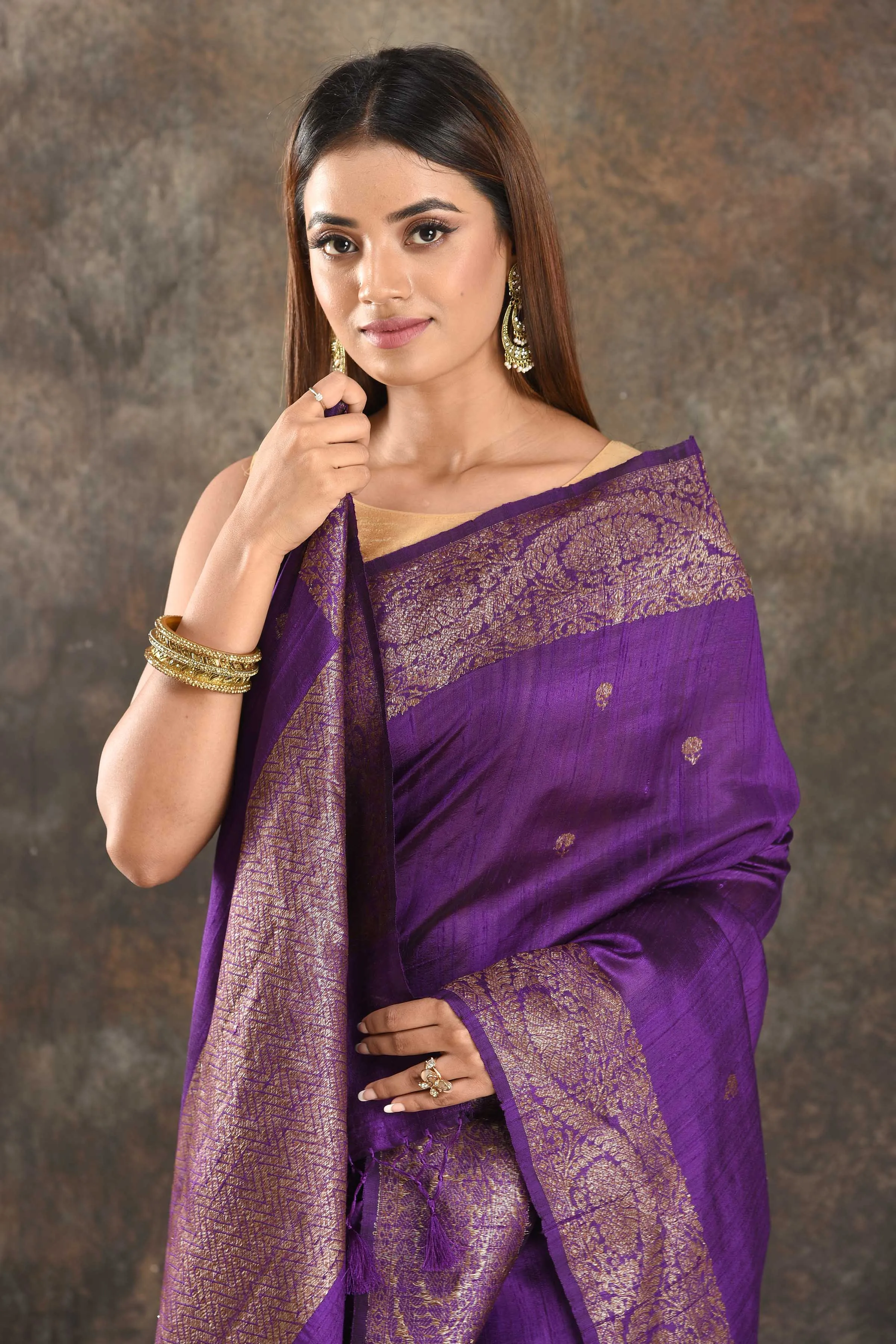 90N407-RO Purple Tussar Banarasi Saree with Antique Zari Border