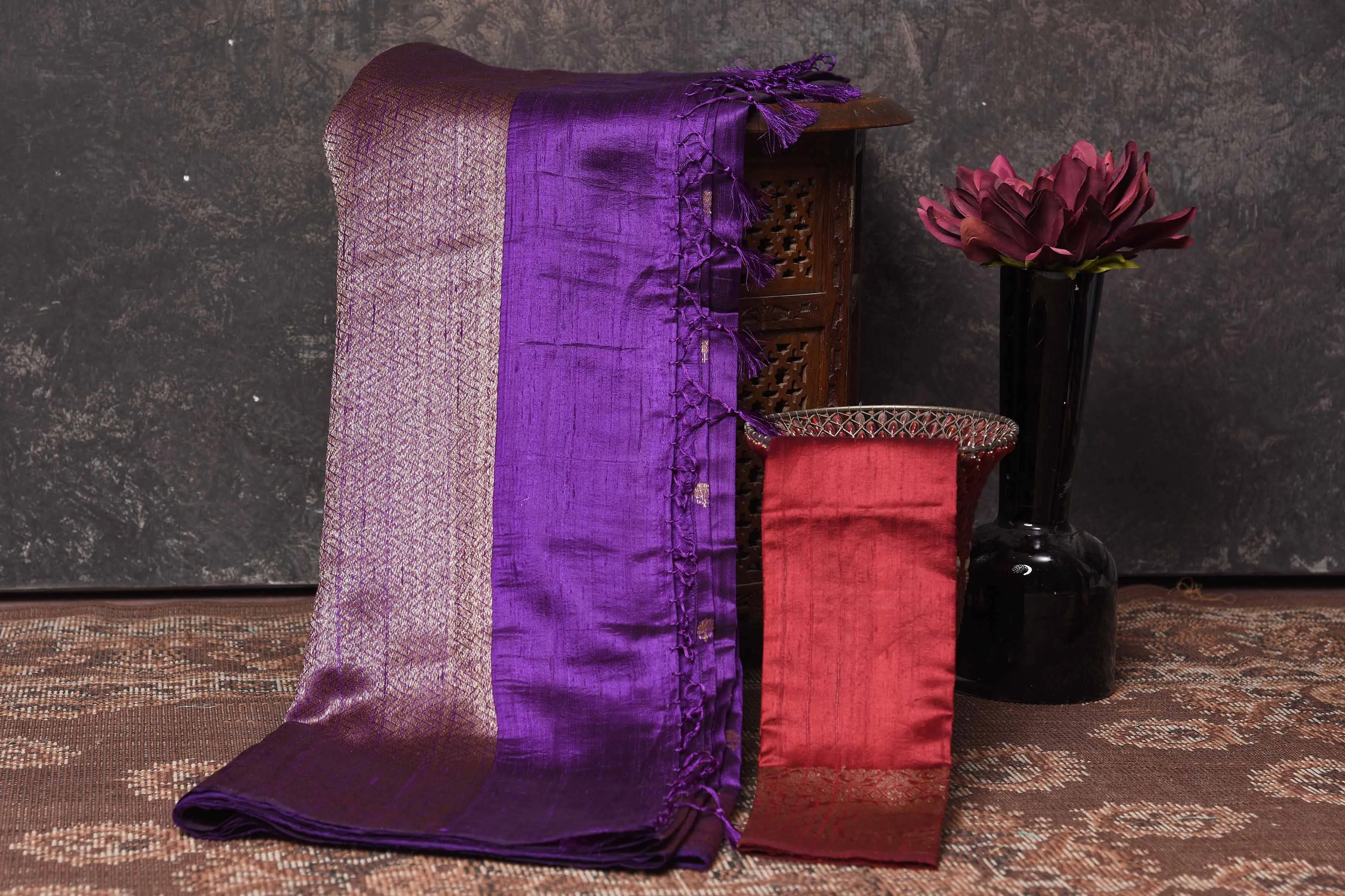 90N407-RO Purple Tussar Banarasi Saree with Antique Zari Border