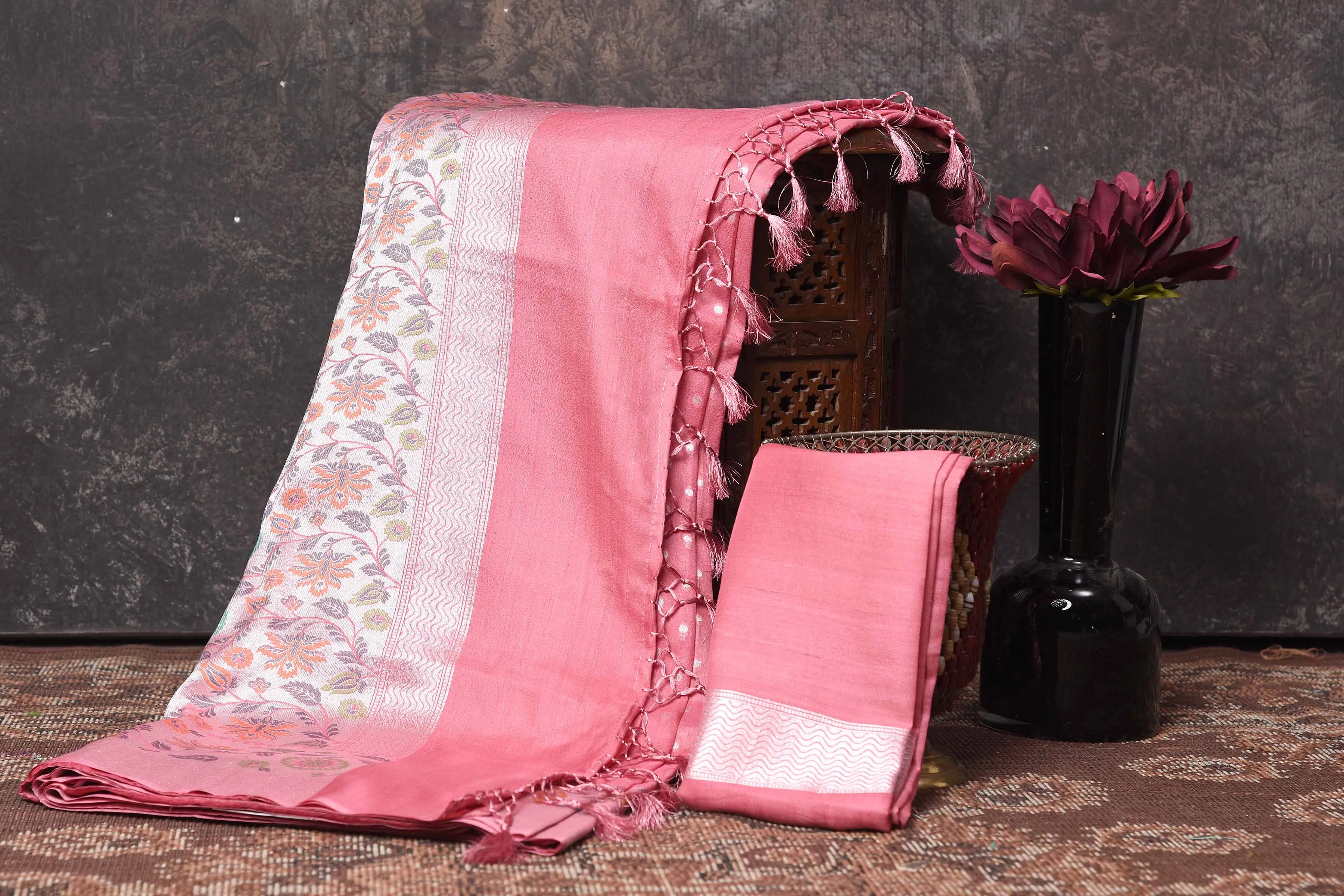 90N412-RO Blush Pink Tussar Banarasi Saree with Silver Zari Border