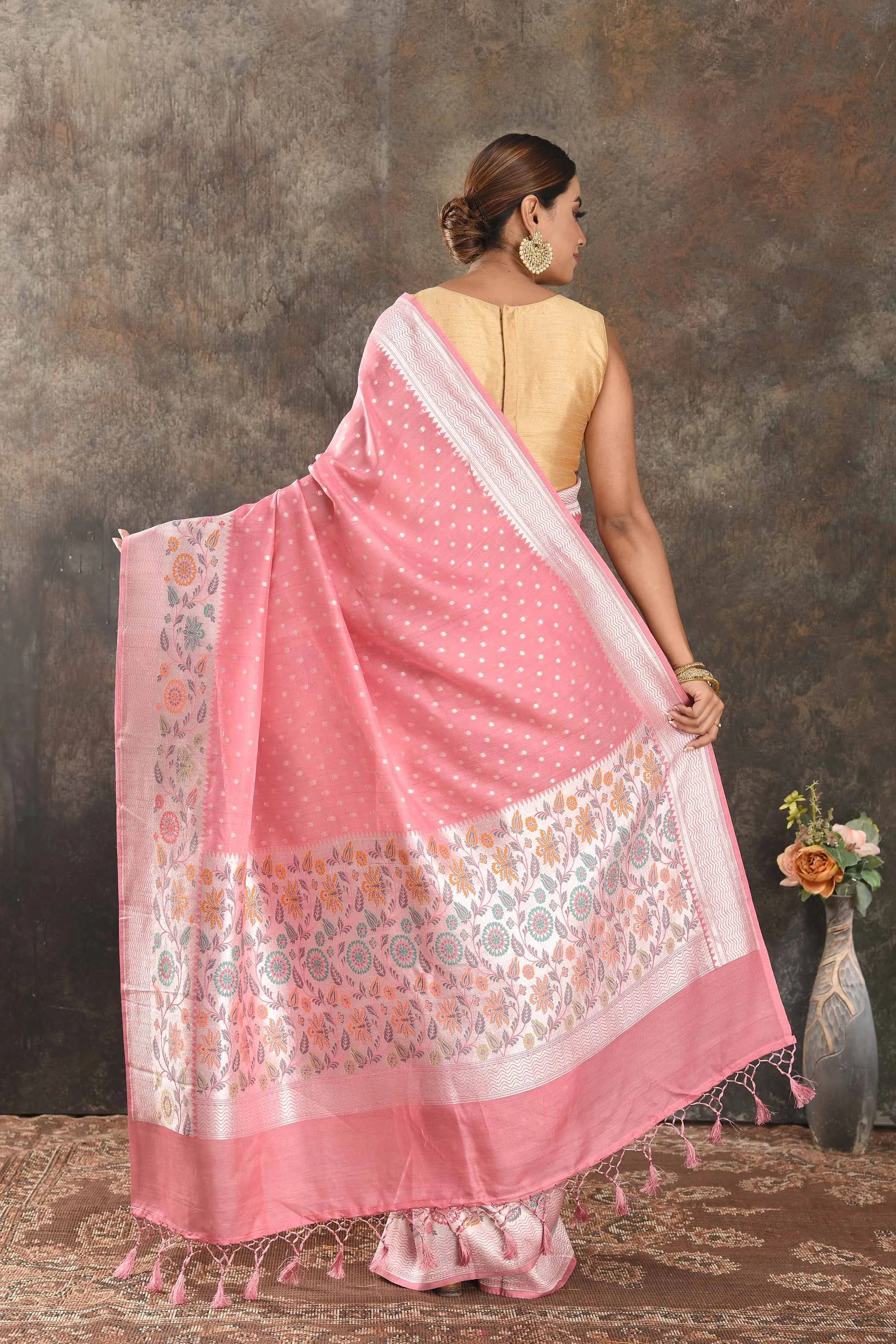 90N412-RO Blush Pink Tussar Banarasi Saree with Silver Zari Border