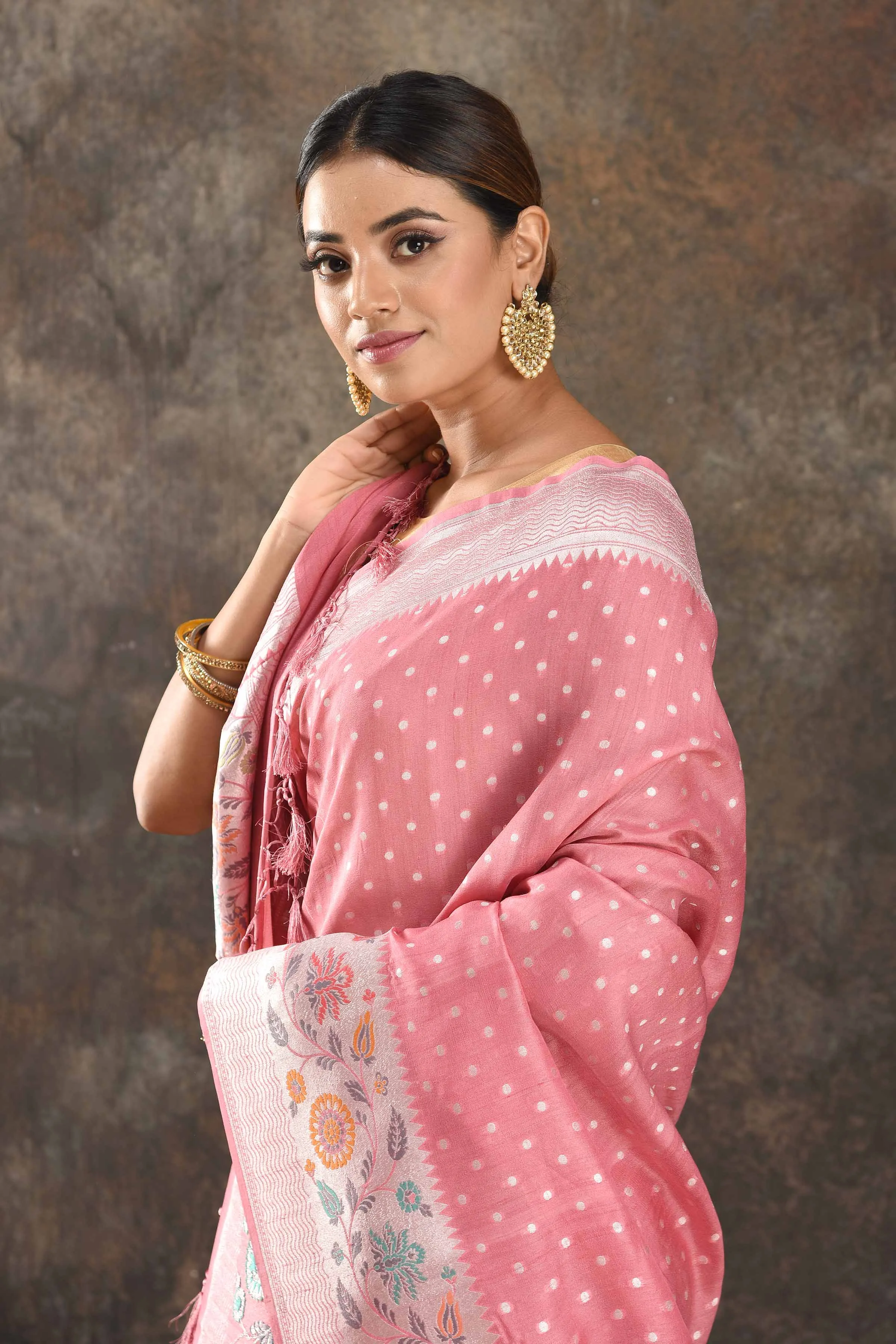 90N412-RO Blush Pink Tussar Banarasi Saree with Silver Zari Border