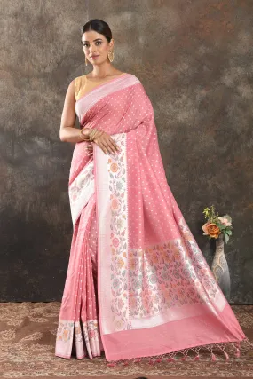 90N412-RO Blush Pink Tussar Banarasi Saree with Silver Zari Border