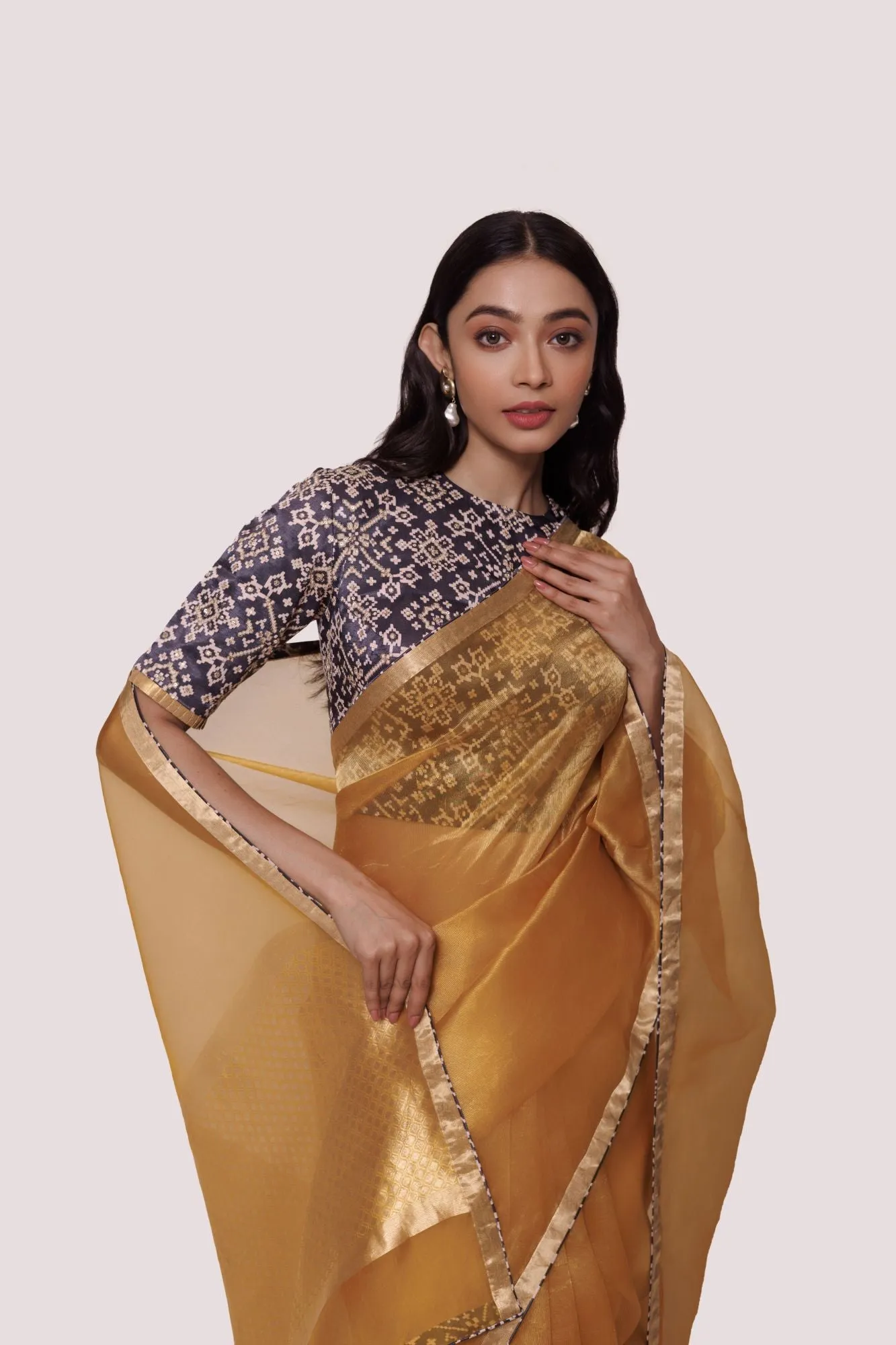 90Z971-RO Mustard Saree With India Printed Black Blouse