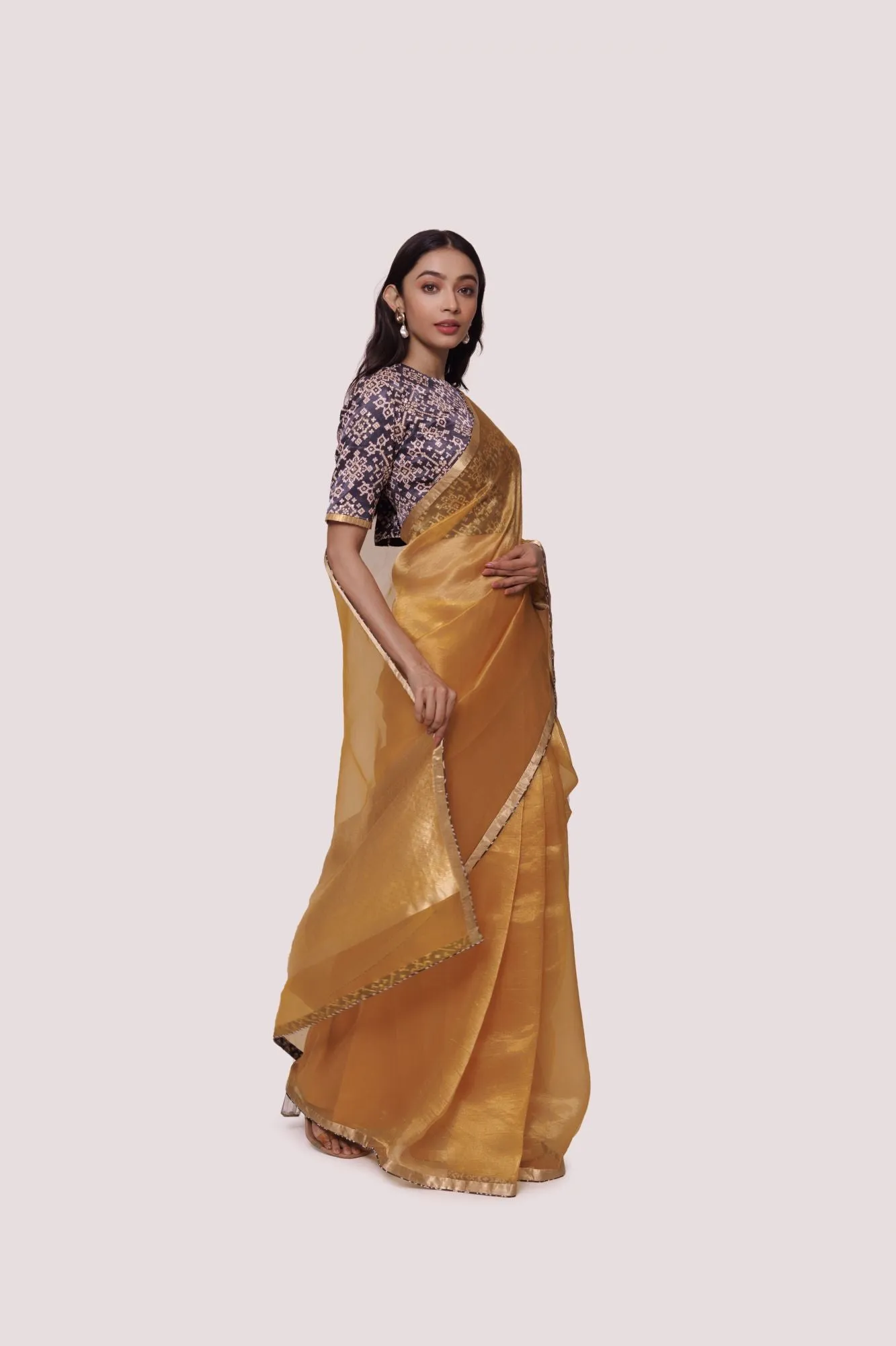 90Z971-RO Mustard Saree With India Printed Black Blouse