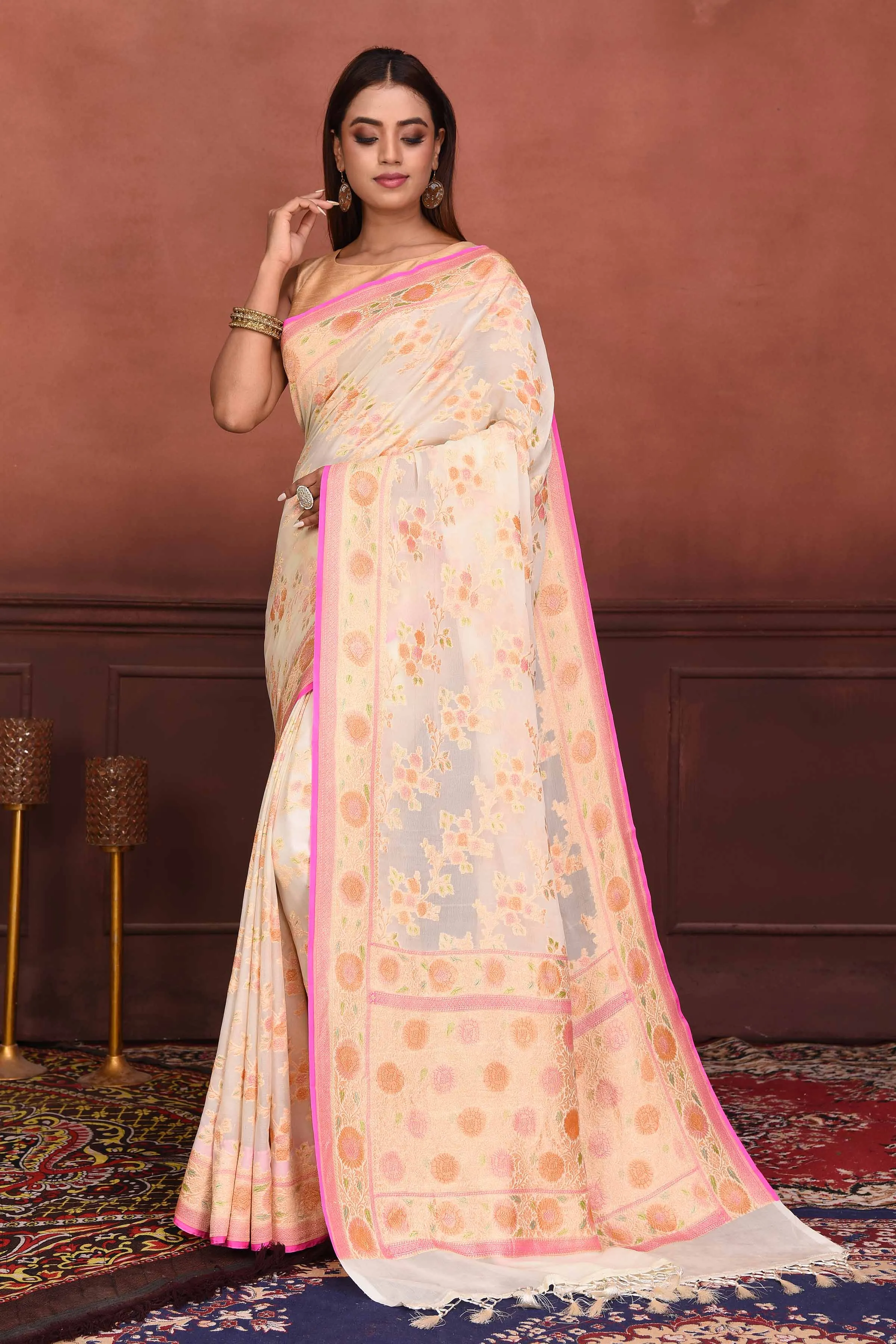 91A158-RO Cream Georgette Banarasi Saree with Floral Zari Work