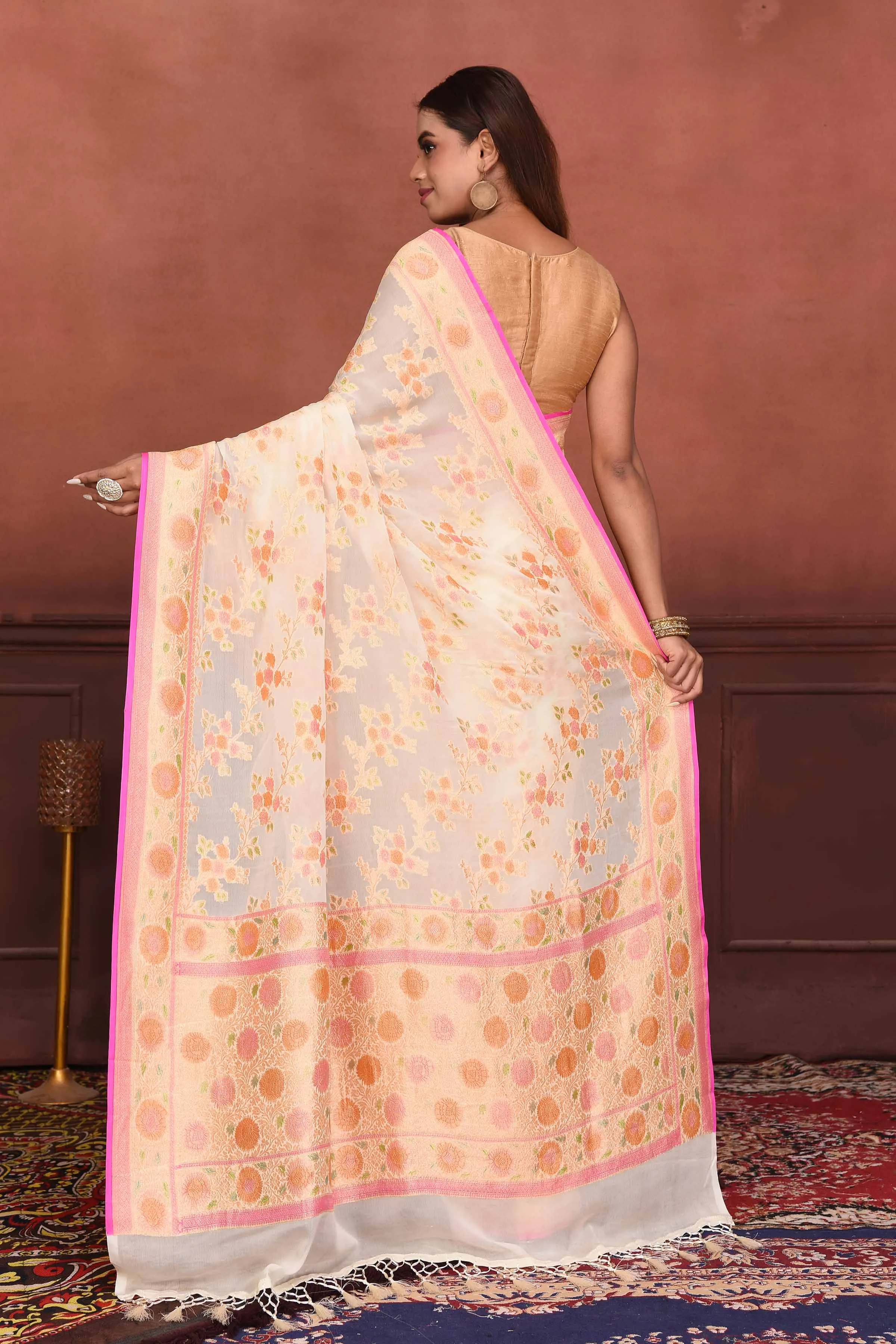 91A158-RO Cream Georgette Banarasi Saree with Floral Zari Work