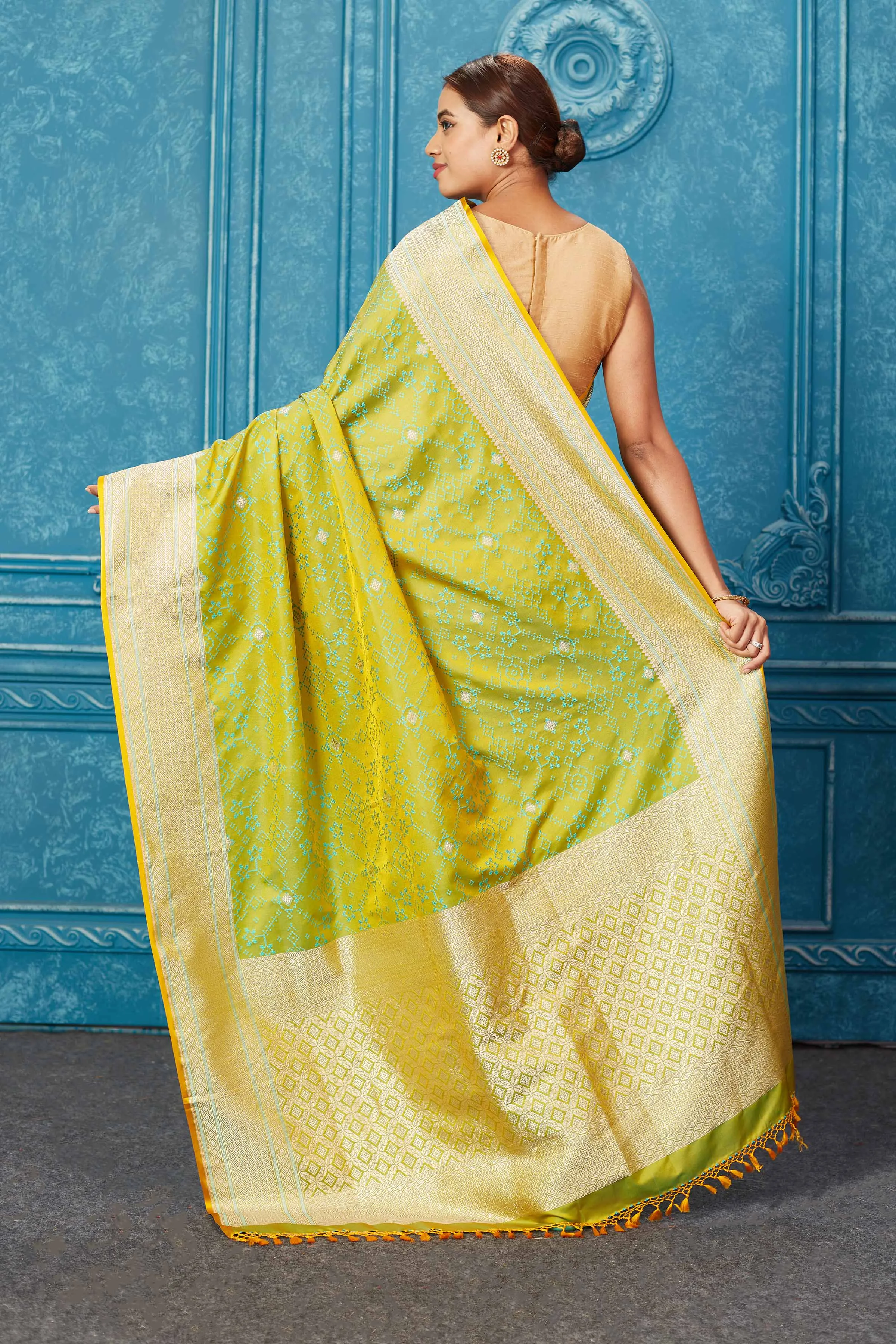 91A246 Yellowish Green Mashru Banarasi Sari with Zari Border