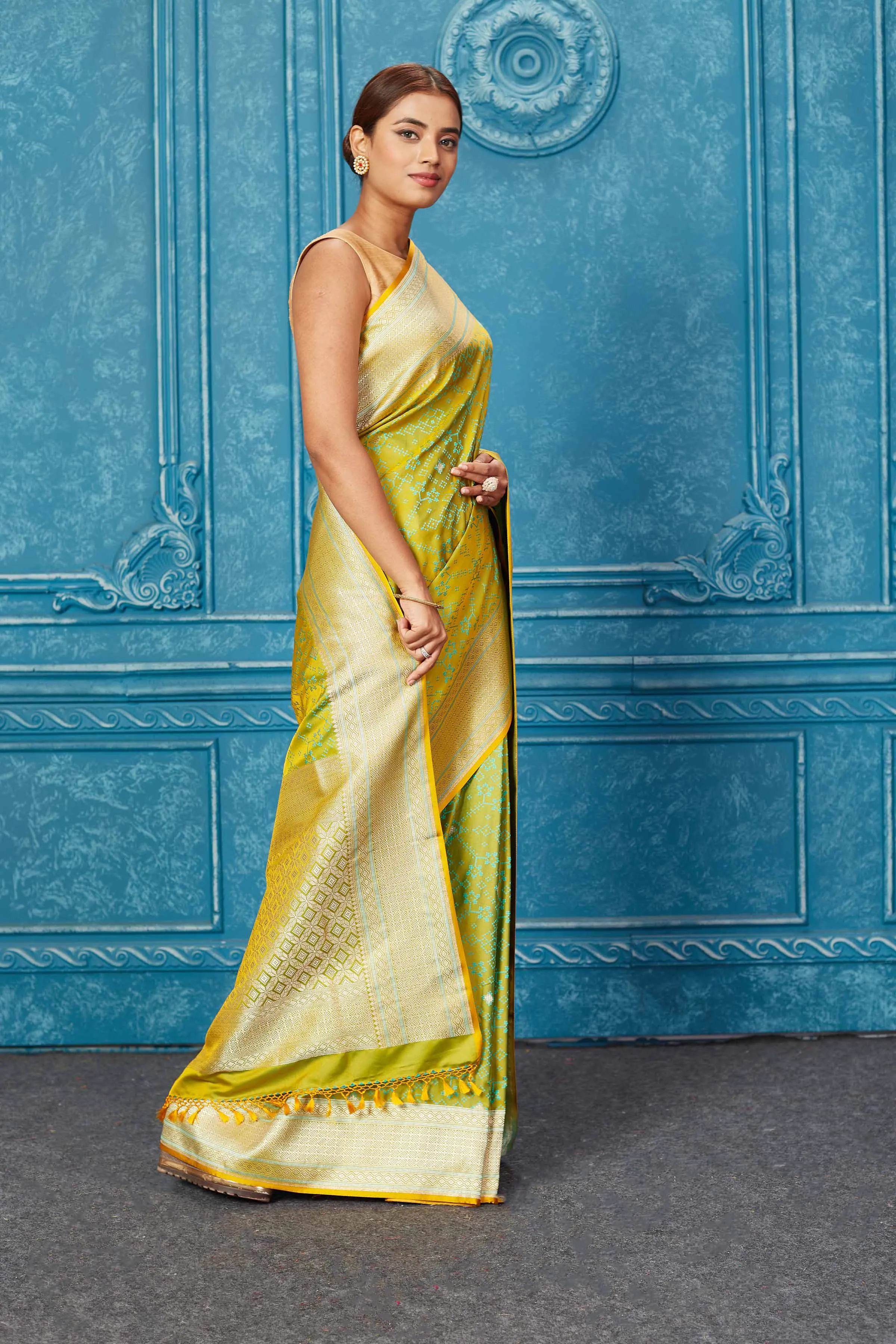 91A246 Yellowish Green Mashru Banarasi Sari with Zari Border