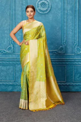 91A246 Yellowish Green Mashru Banarasi Sari with Zari Border